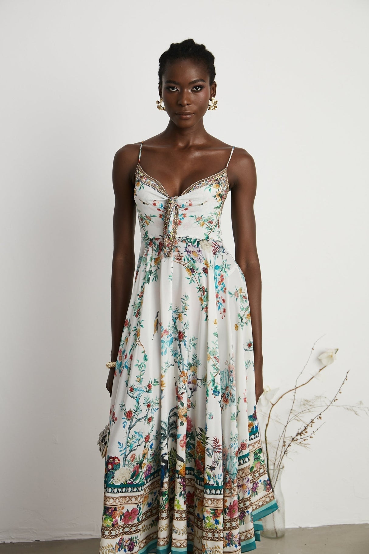 Guendalina Floral Midi Dress - Sleeveless with Spaghetti Straps - Twist Detailing - Crystal Embellished - Side Zip Fastening