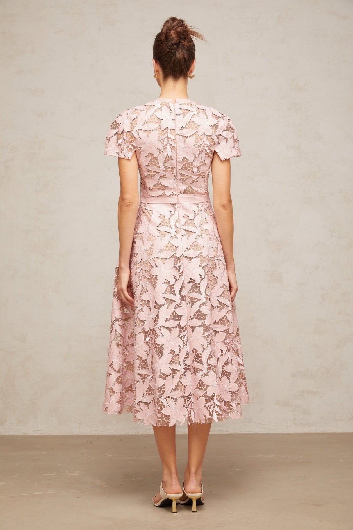 Guendalina Midi Dress - Round Neck - Short Sleeves - Cinched Waist - Guipure Lace