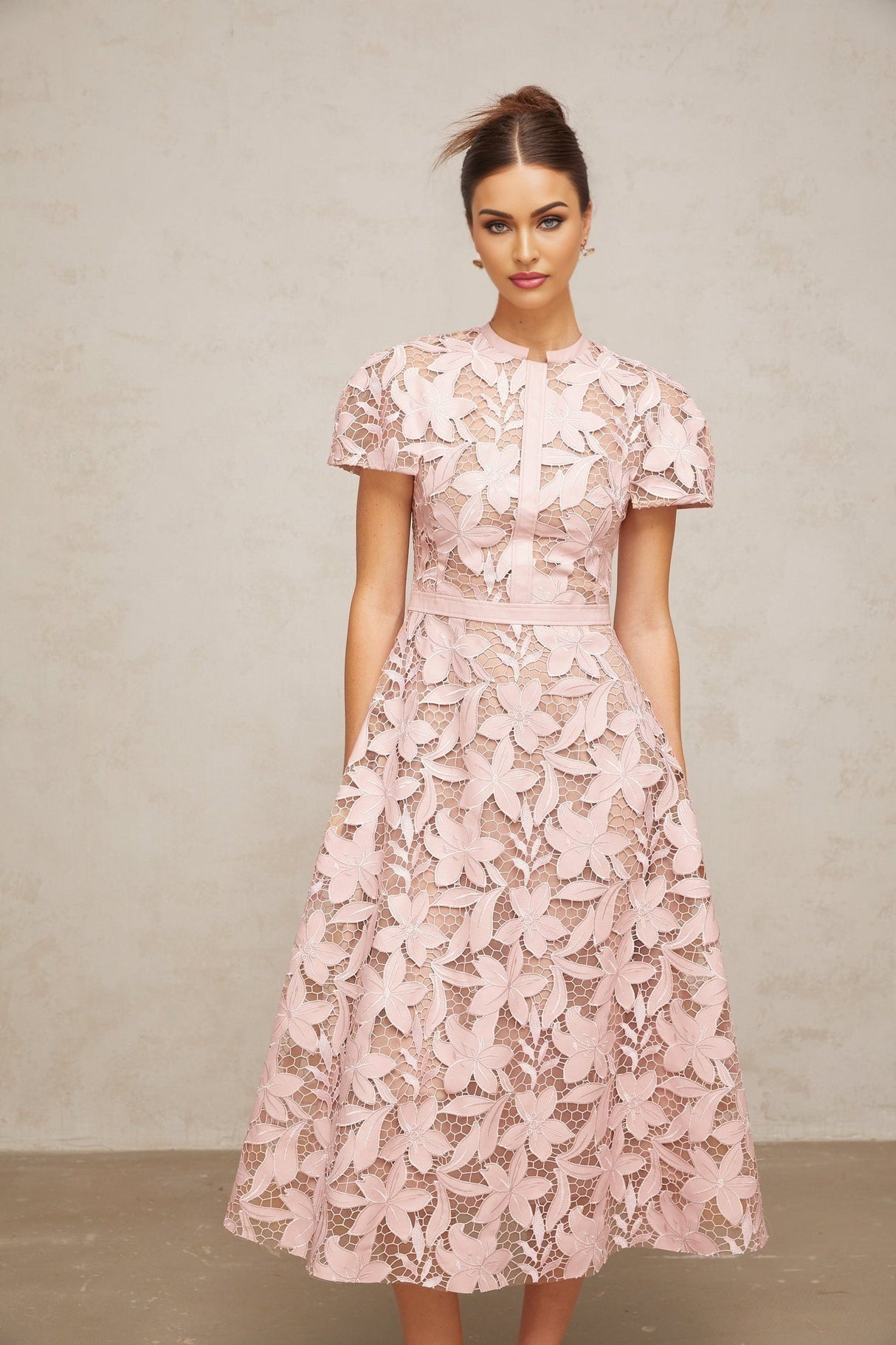 Guendalina Midi Dress - Round Neck - Short Sleeves - Cinched Waist - Guipure Lace