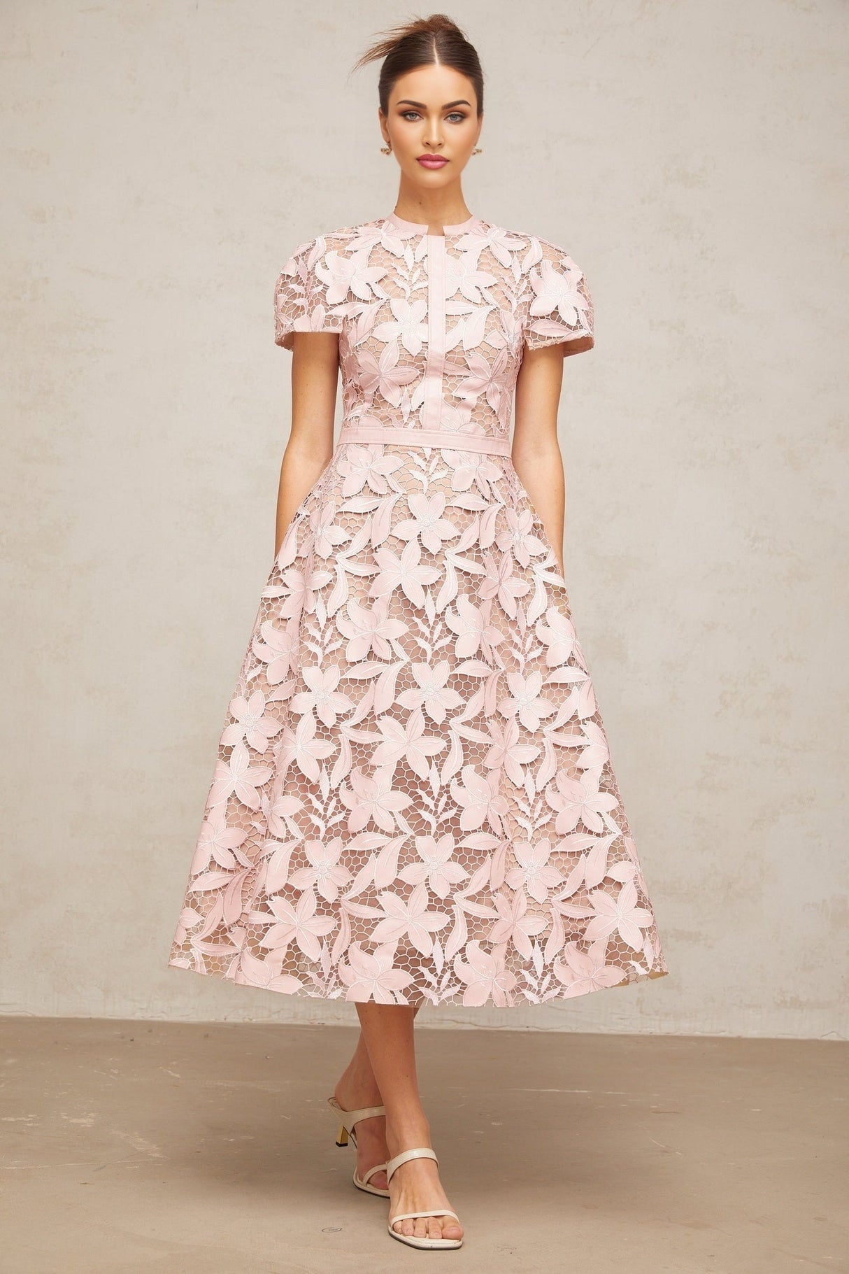 Guendalina Midi Dress - Round Neck - Short Sleeves - Cinched Waist - Guipure Lace