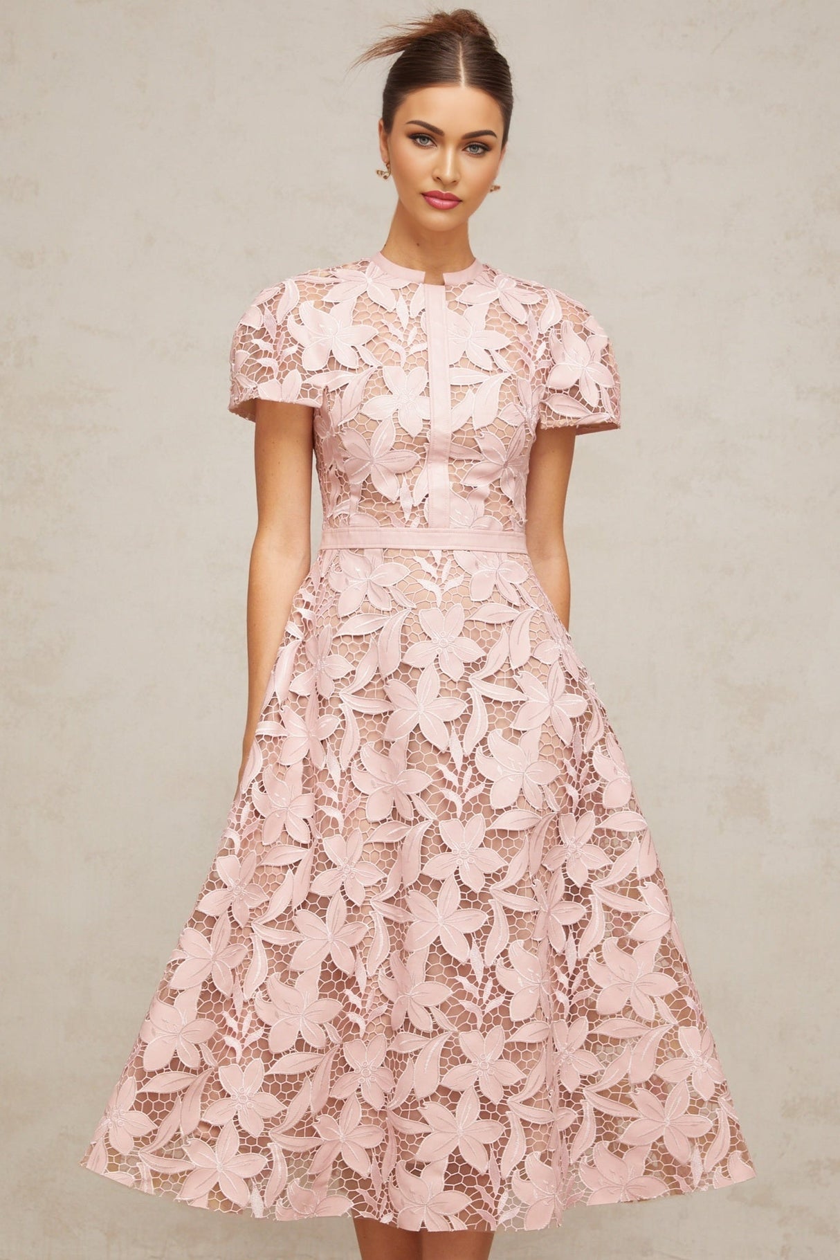 Guendalina Midi Dress - Round Neck - Short Sleeves - Cinched Waist - Guipure Lace