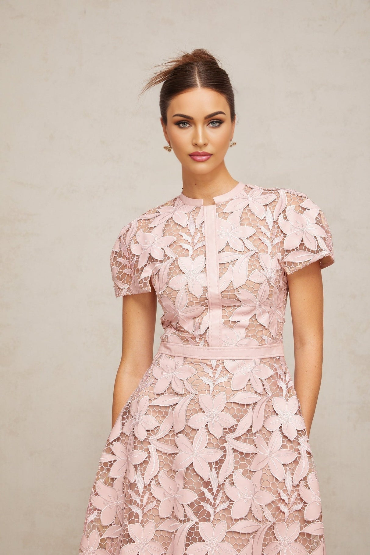 Guendalina Midi Dress - Round Neck - Short Sleeves - Cinched Waist - Guipure Lace