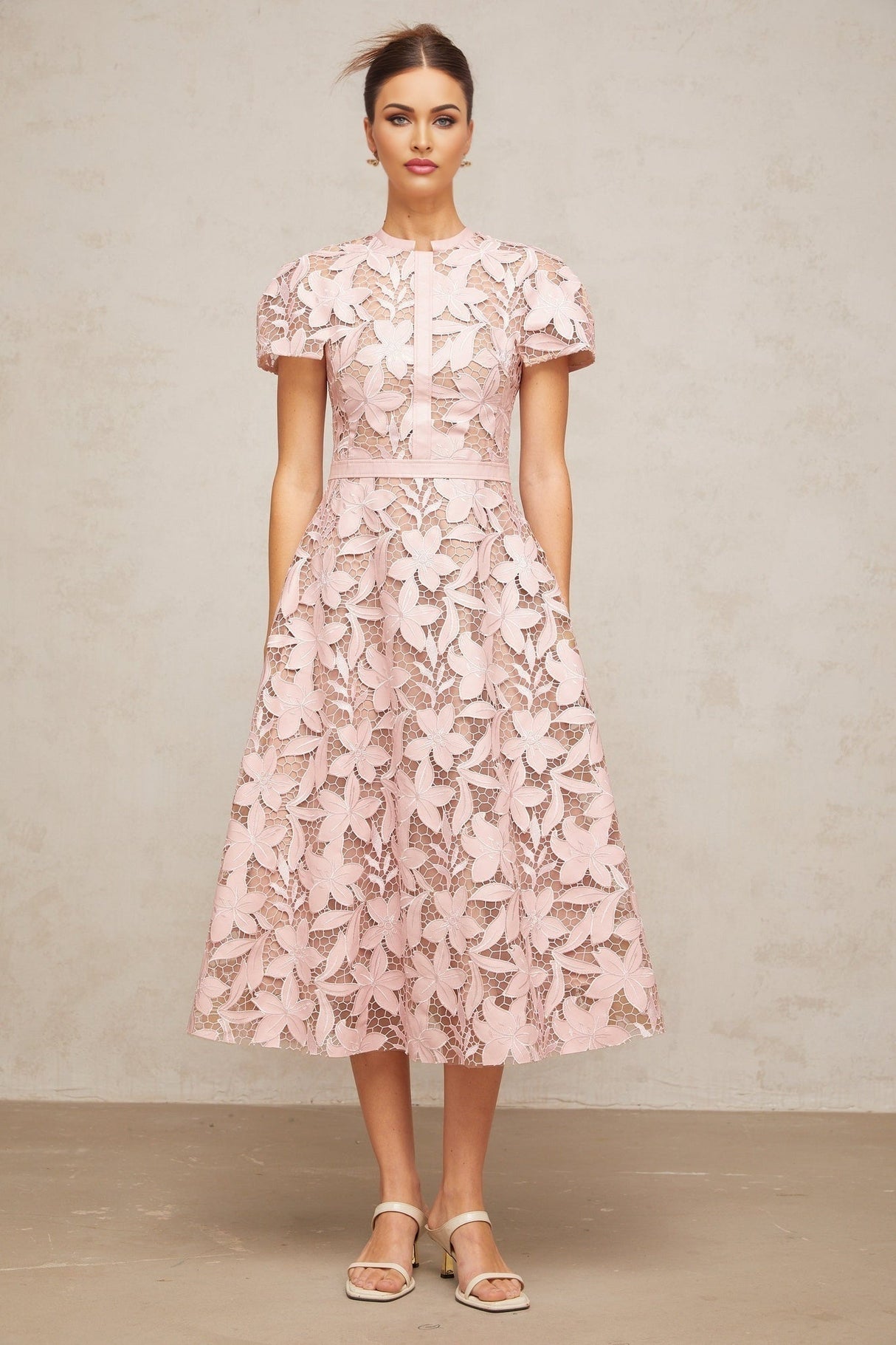 Guendalina Midi Dress - Round Neck - Short Sleeves - Cinched Waist - Guipure Lace