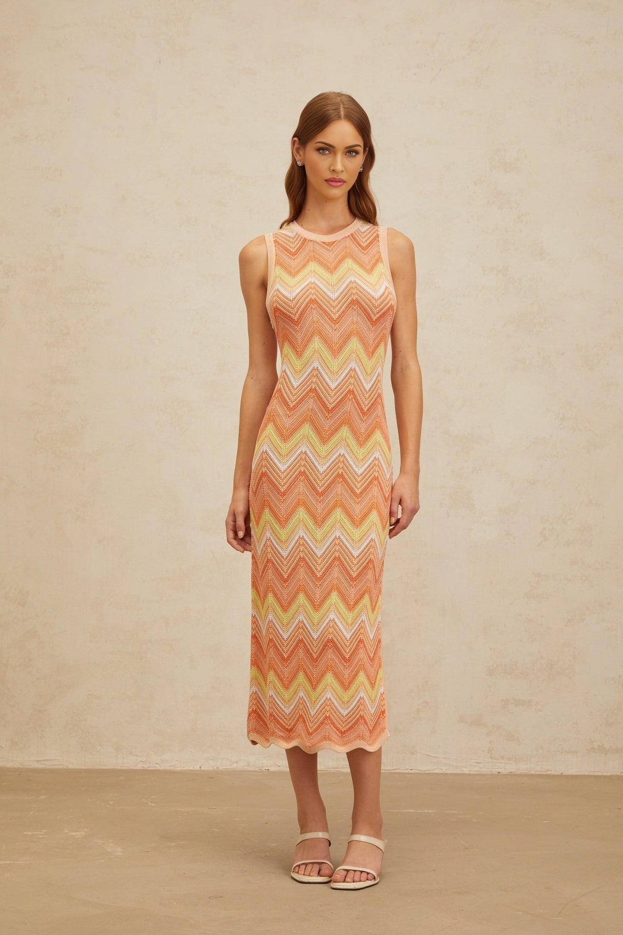 Guendalina Midi Dress - Sleeveless - Chevron Knit - Side Slit - Fitted Silhouette - Metallic Fibers
