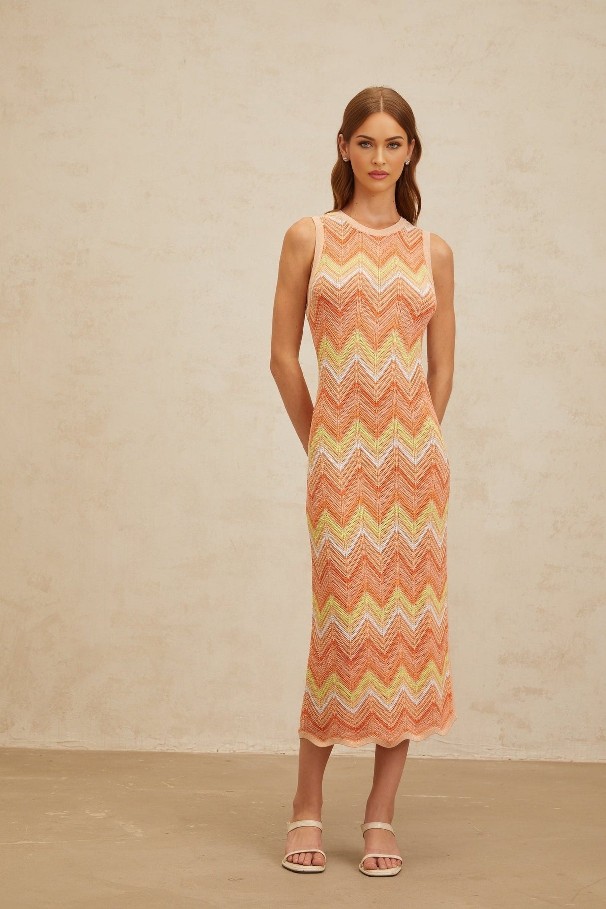 Guendalina Midi Dress - Sleeveless - Chevron Knit - Side Slit - Fitted Silhouette - Metallic Fibers