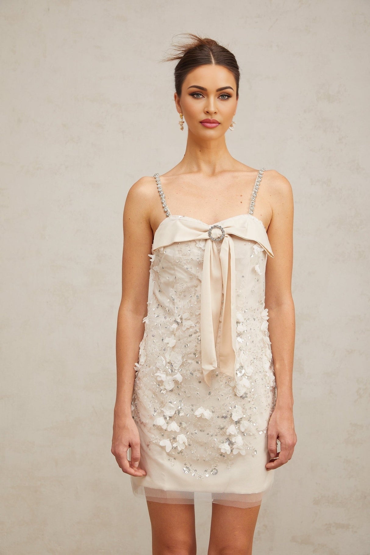 Guendalina Sequin Mini Dress - Sleeveless - Square Neck - Spaghetti Straps - Bowknot Detailing