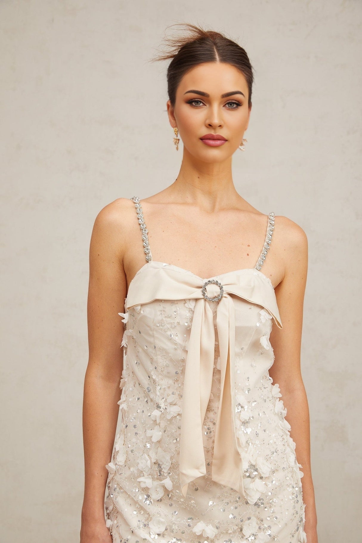 Guendalina Sequin Mini Dress - Sleeveless - Square Neck - Spaghetti Straps - Bowknot Detailing