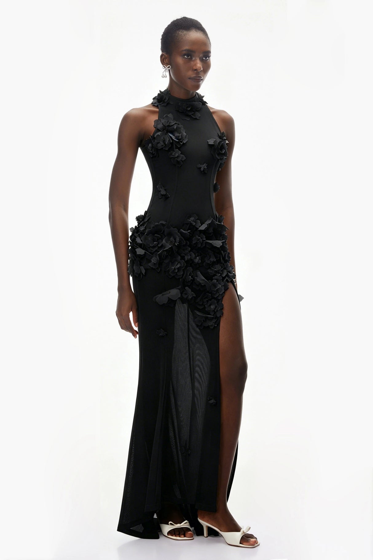 Guinevere Black Halterneck Maxi Dress with 3D Florals