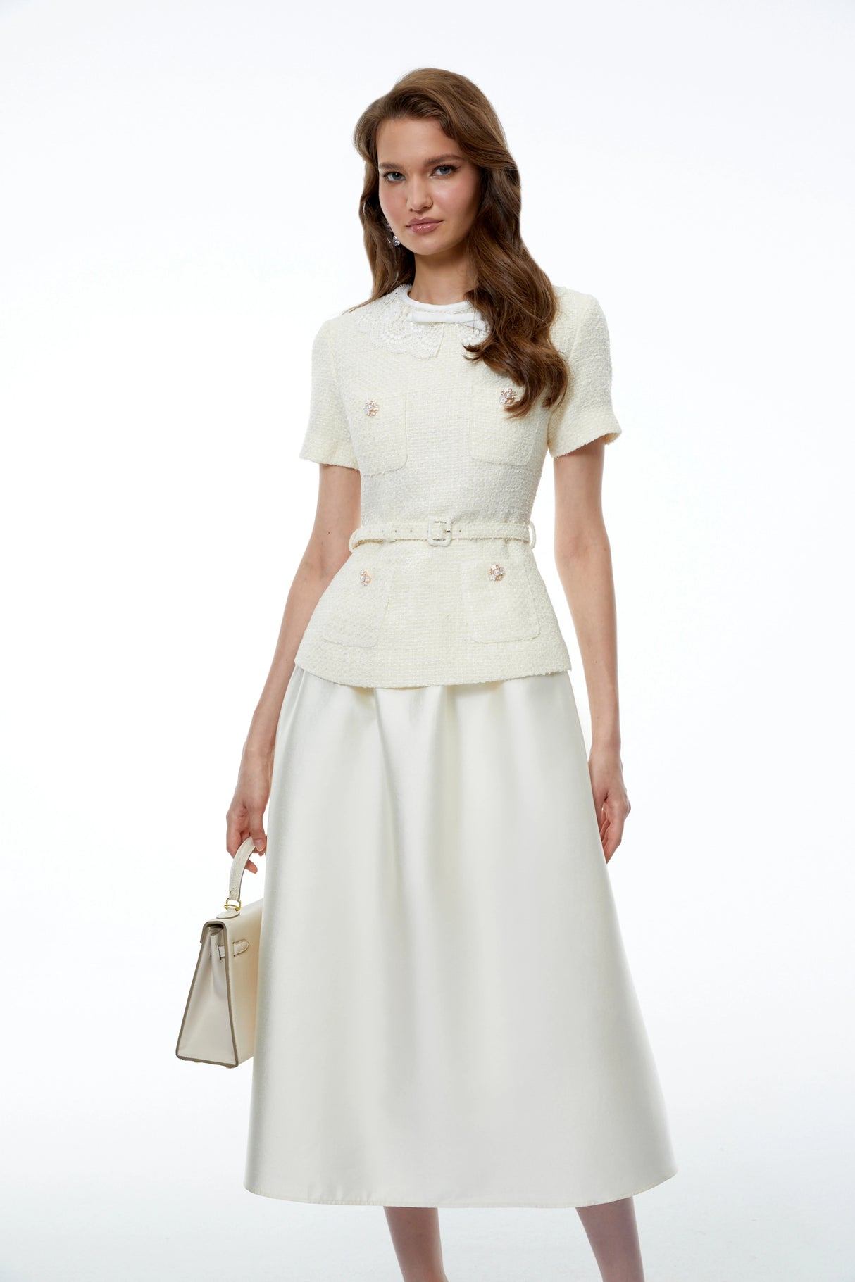 Gunilla White Tweed Midi Dress with Bow