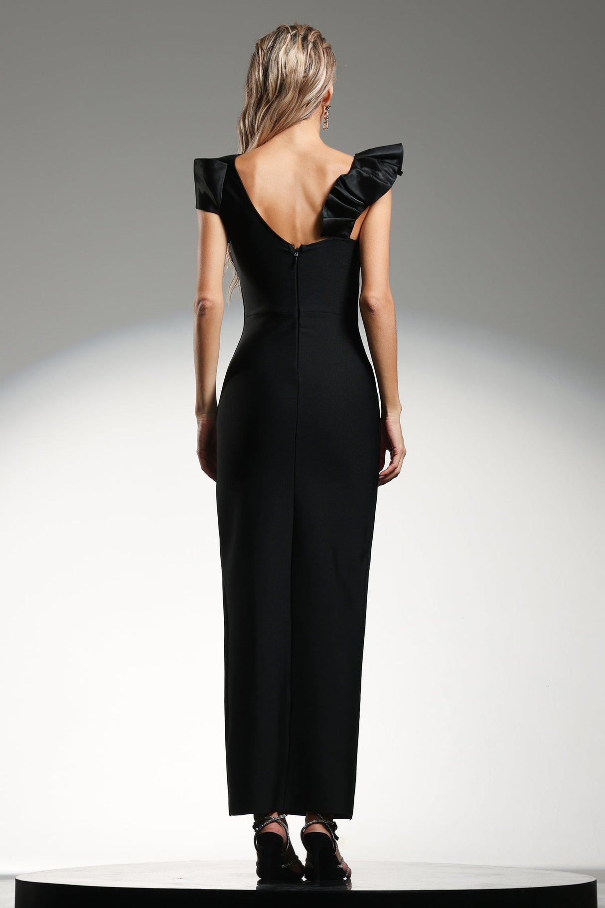 Gwendolyn Black Formal Event Dress with Cut-Out Neckline and Ruffled Sleeves