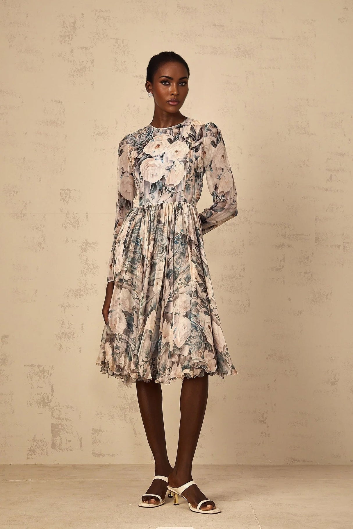 Gwendolyn Midi Dress Floral Print Pleated Ruffled Hem