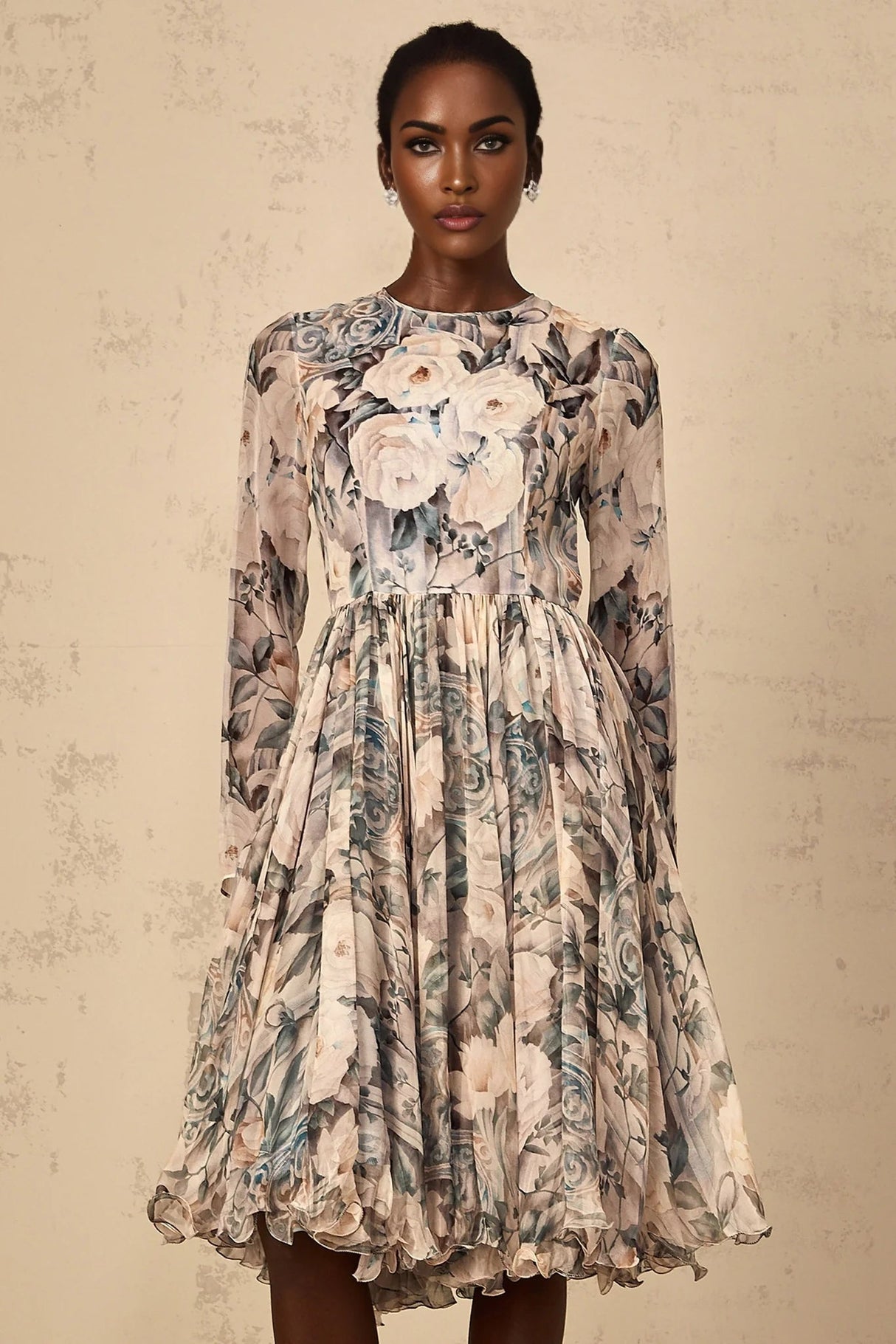 Gwendolyn Midi Dress Floral Print Pleated Ruffled Hem