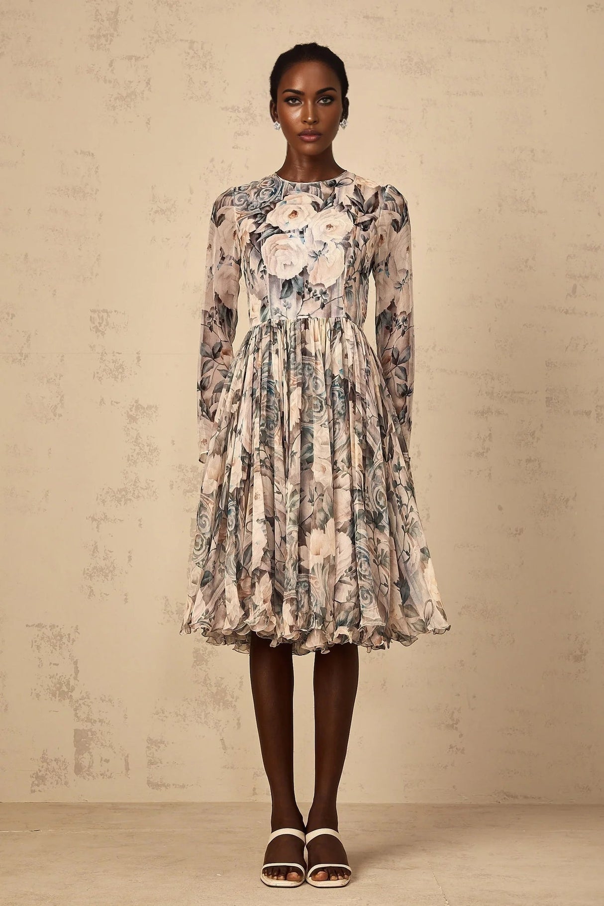 Gwendolyn Midi Dress Floral Print Pleated Ruffled Hem