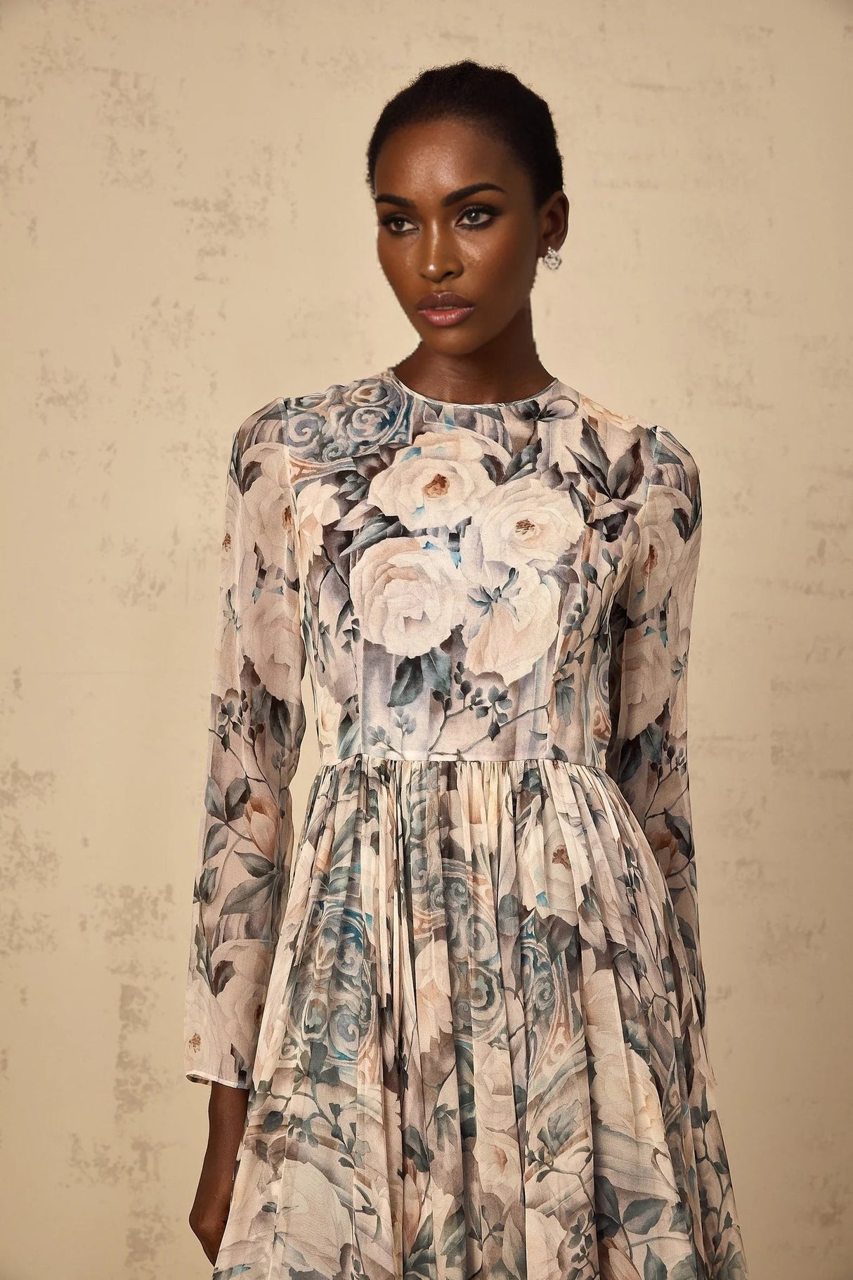 Gwendolyn Midi Dress Floral Print Pleated Ruffled Hem