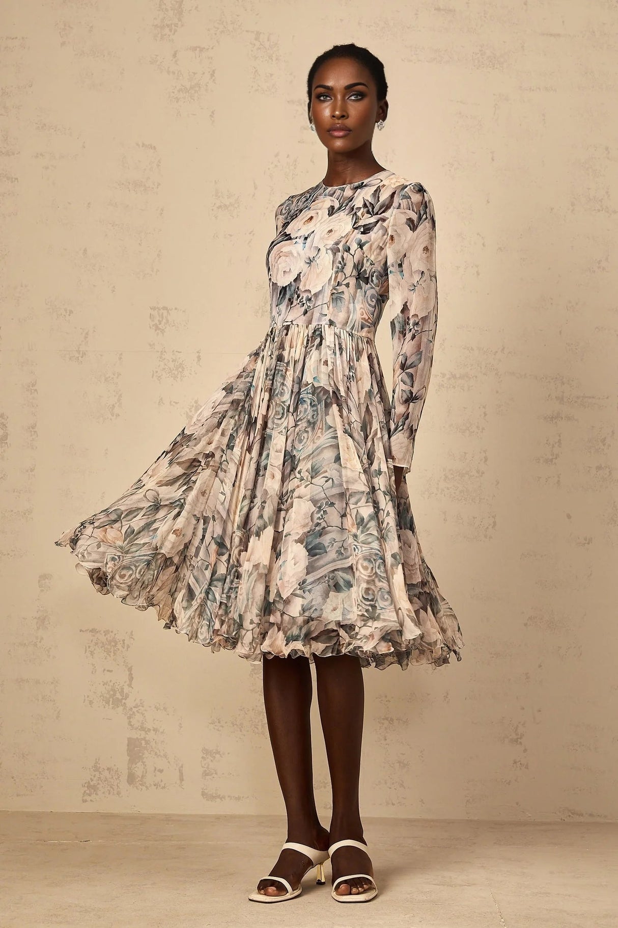 Gwendolyn Midi Dress Floral Print Pleated Ruffled Hem