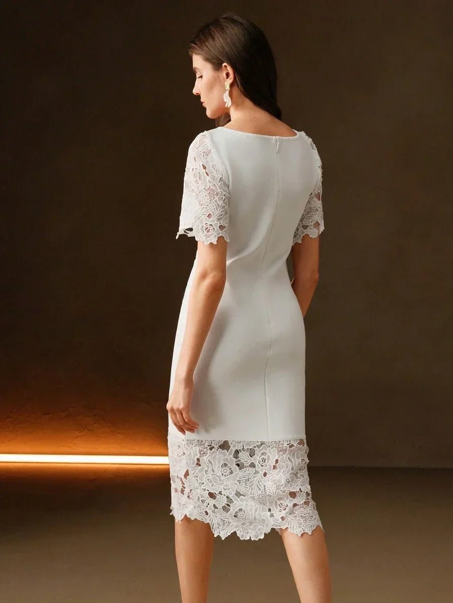 Gwendolyn Midi Dress - Round Neck - Mermaid Hem - High Waist - Elegant Style - Colorblock & Plain