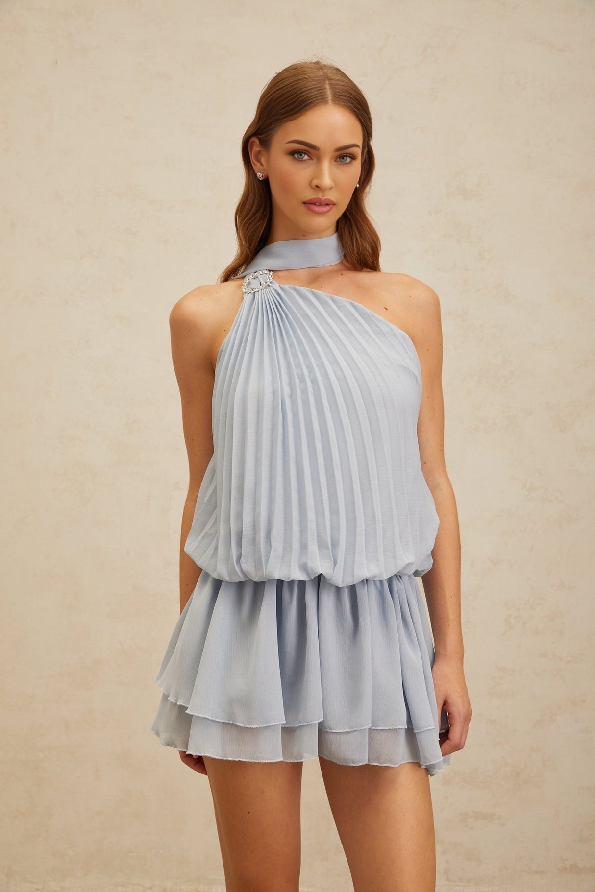Gwendolyn Mini Dress - Halterneck - Sleeveless - Open Back - Fully Pleated - Ribbon Design