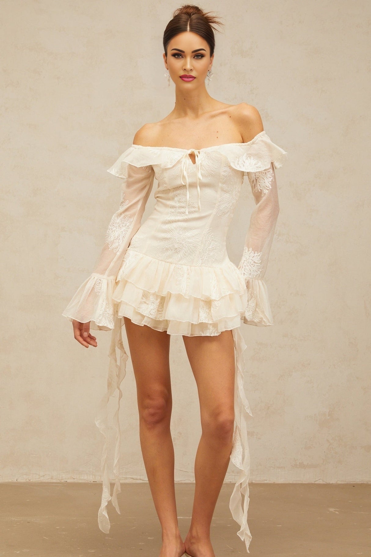 Gwendolyn Mini Dress - Off the Shoulder Design - Semi - sheer Long Sleeves - Floral Embroidery - Ribbon Accent