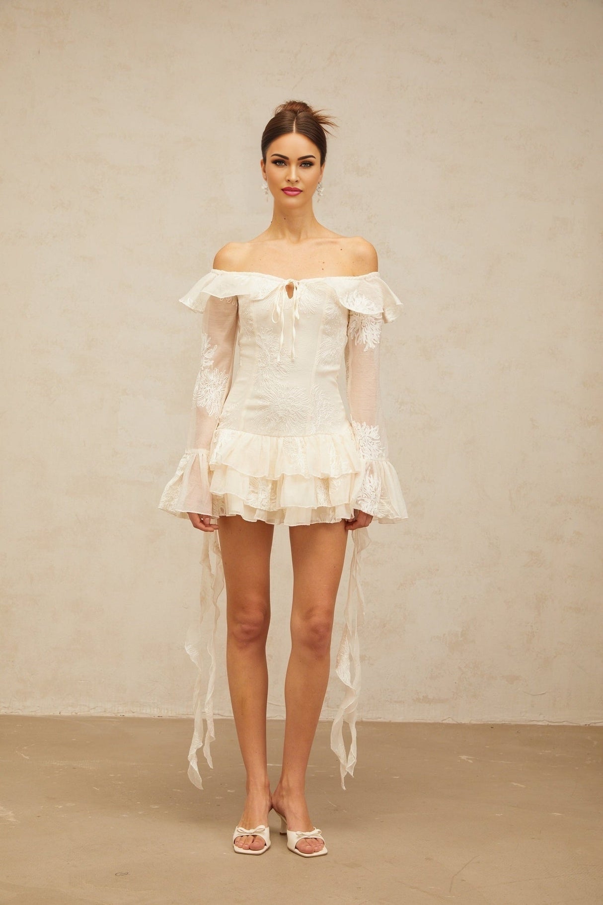 Gwendolyn Mini Dress - Off the Shoulder Design - Semi - sheer Long Sleeves - Floral Embroidery - Ribbon Accent