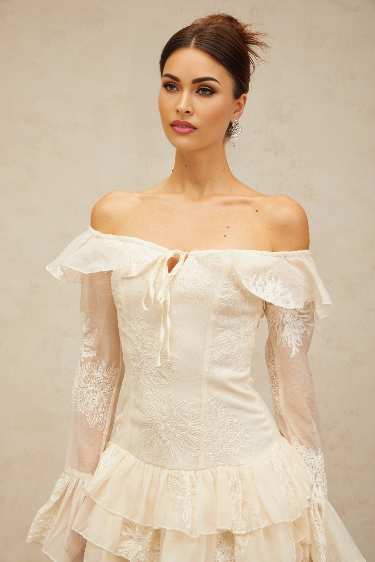 Gwendolyn Mini Dress - Off the Shoulder Design - Semi - sheer Long Sleeves - Floral Embroidery - Ribbon Accent