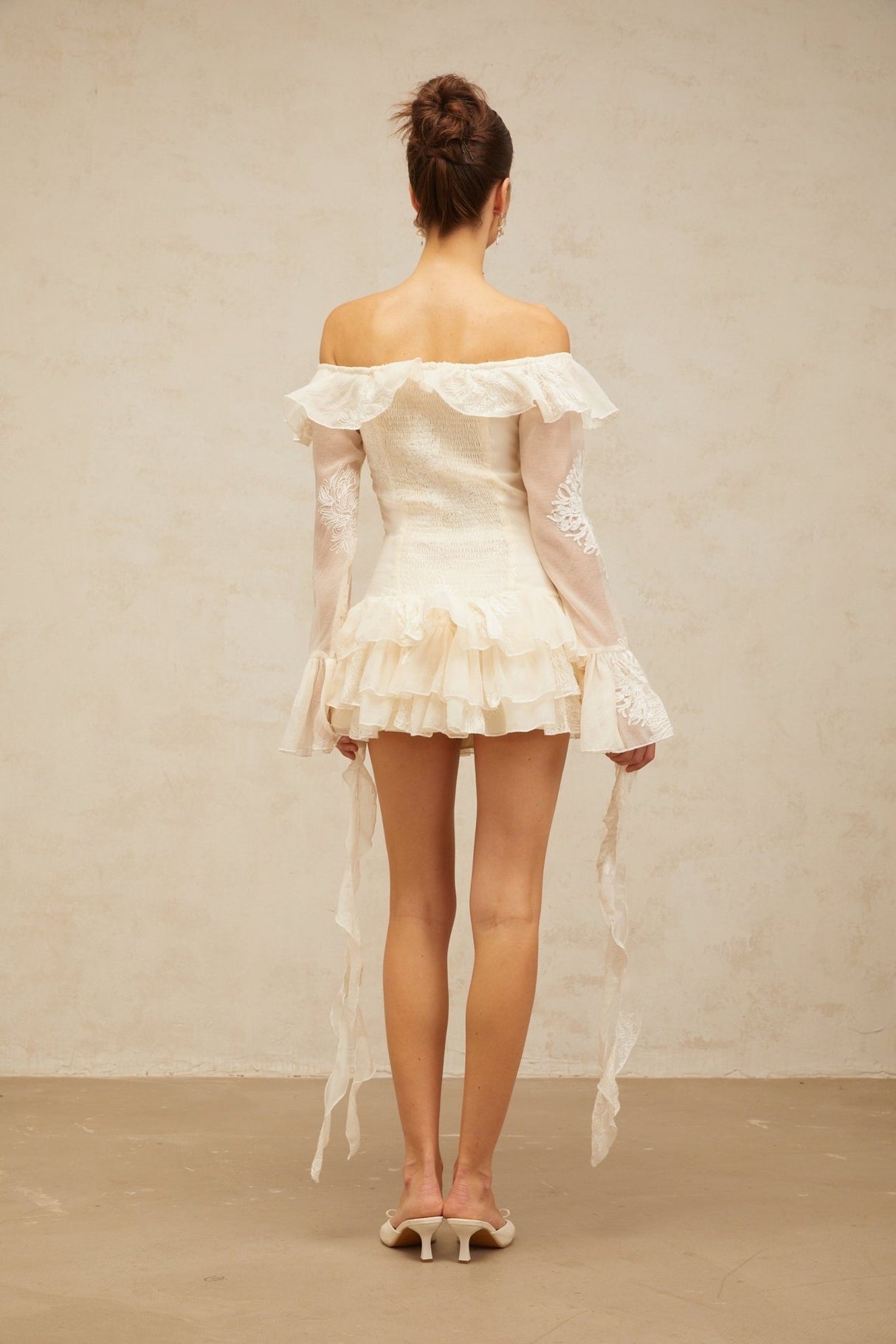 Gwendolyn Mini Dress - Off the Shoulder Design - Semi - sheer Long Sleeves - Floral Embroidery - Ribbon Accent