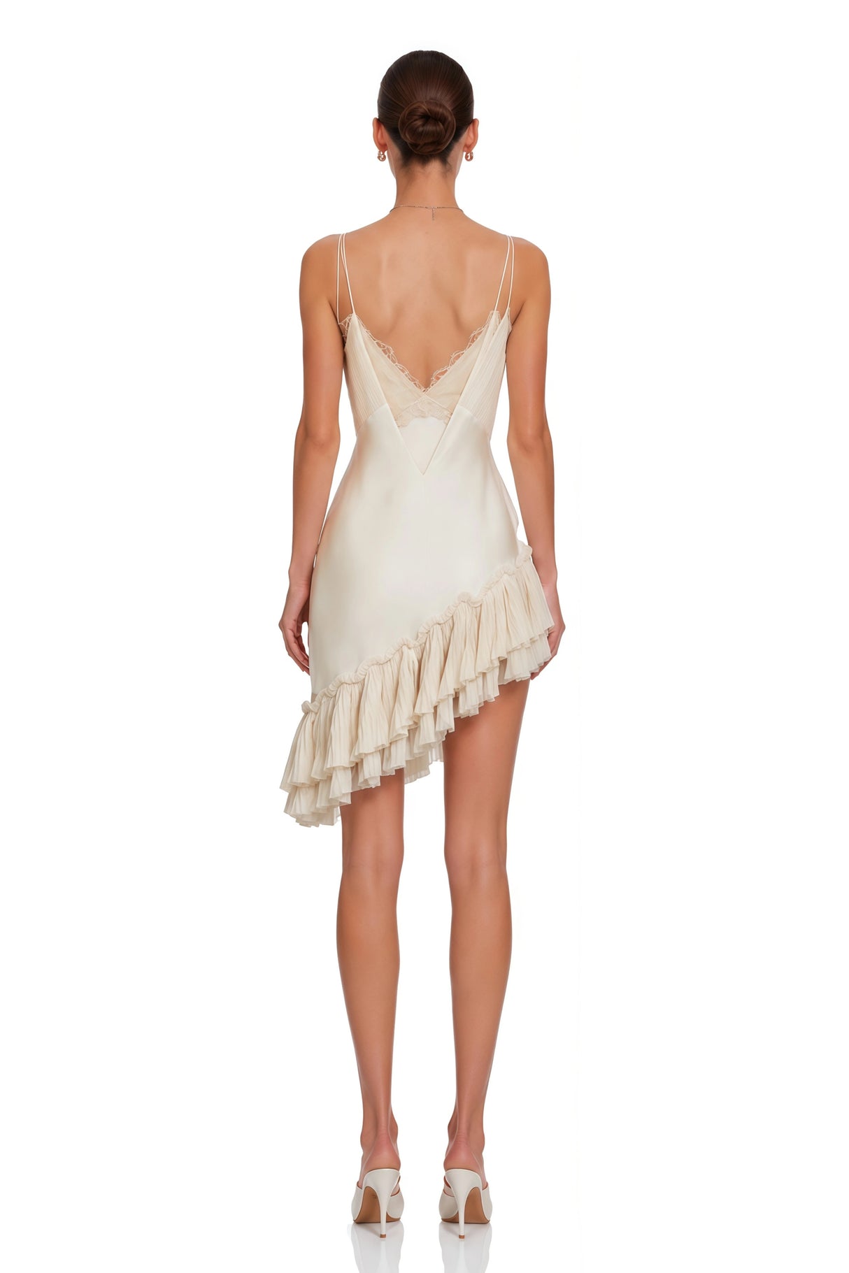 Hailey Cream Asymmetrical Mini Dress with Ruffled Lace