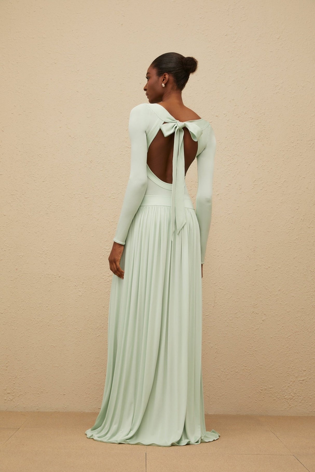 Hailey Maxi Dress - Mint Green Long Sleeve Self - Tie Open Back
