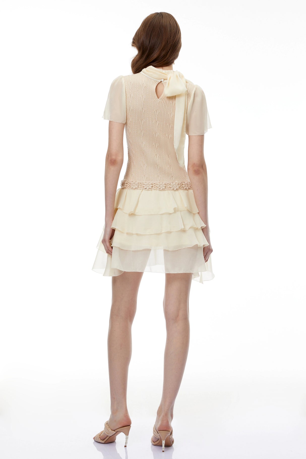Halcyone Neutral Knit Chiffon Mini Dress