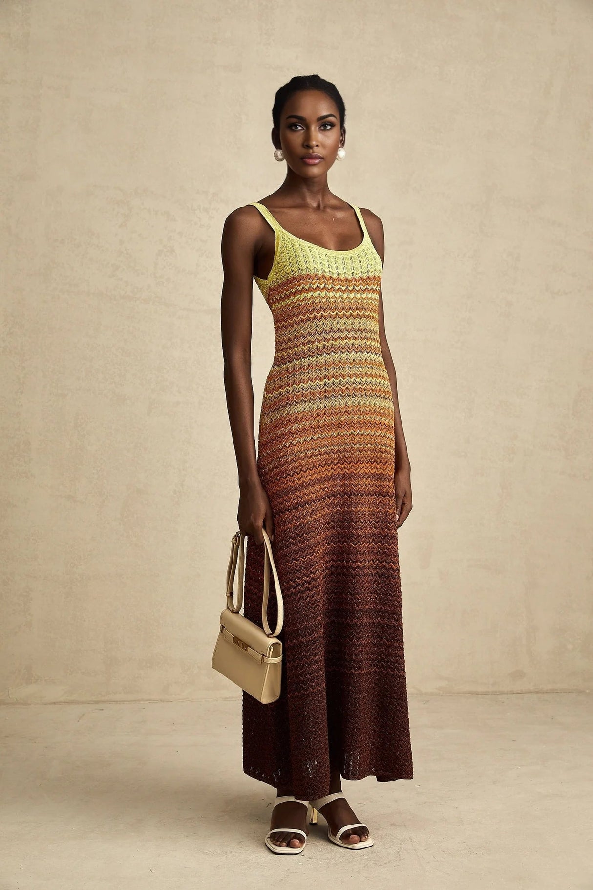 Haley Maxi Dress Brown & Multicolor Gradient Knit Hem