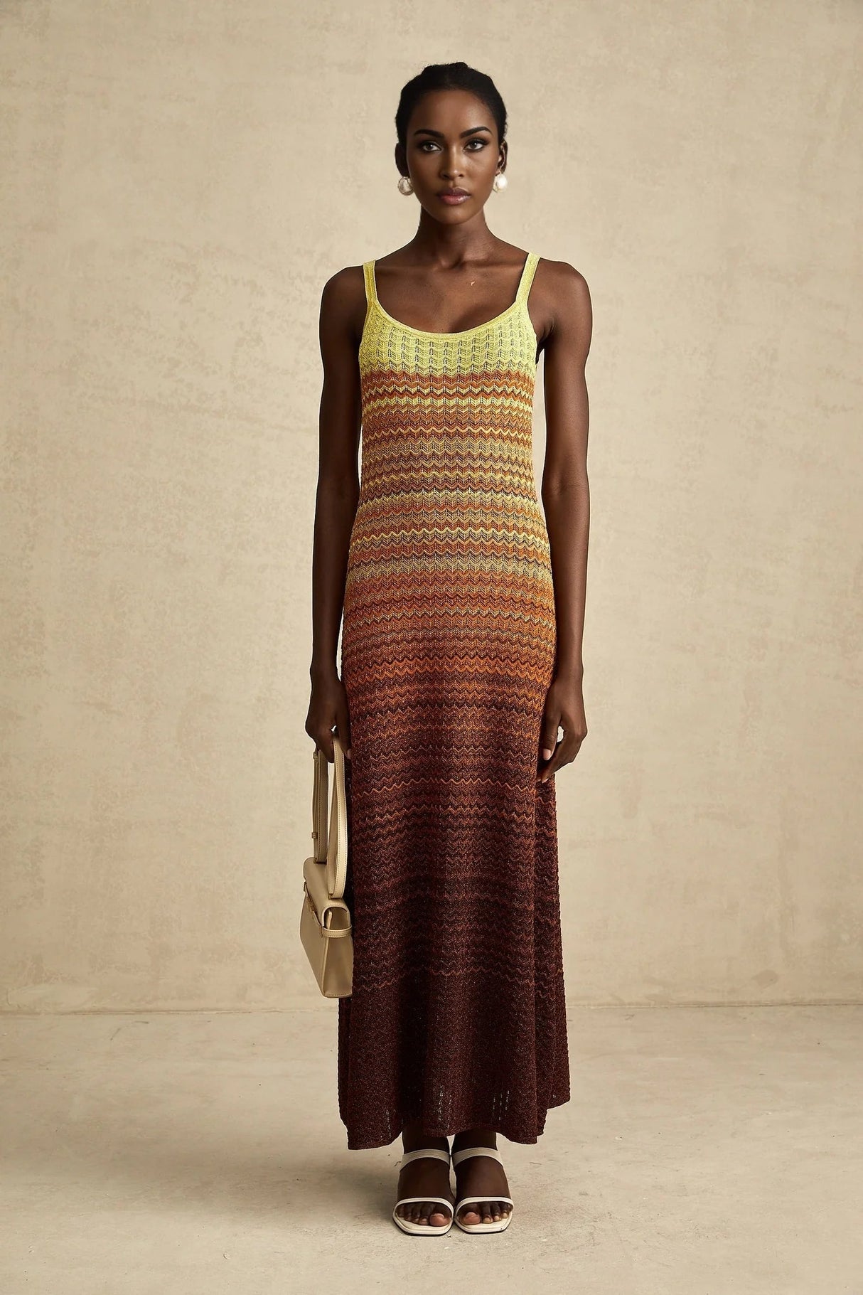 Haley Maxi Dress Brown & Multicolor Gradient Knit Hem