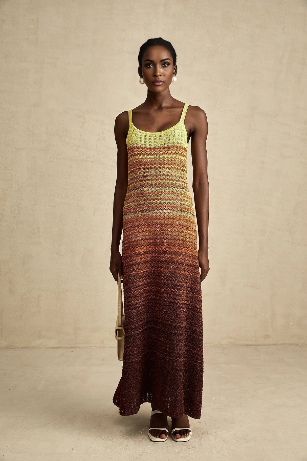 Haley Maxi Dress Brown & Multicolor Gradient Knit Hem