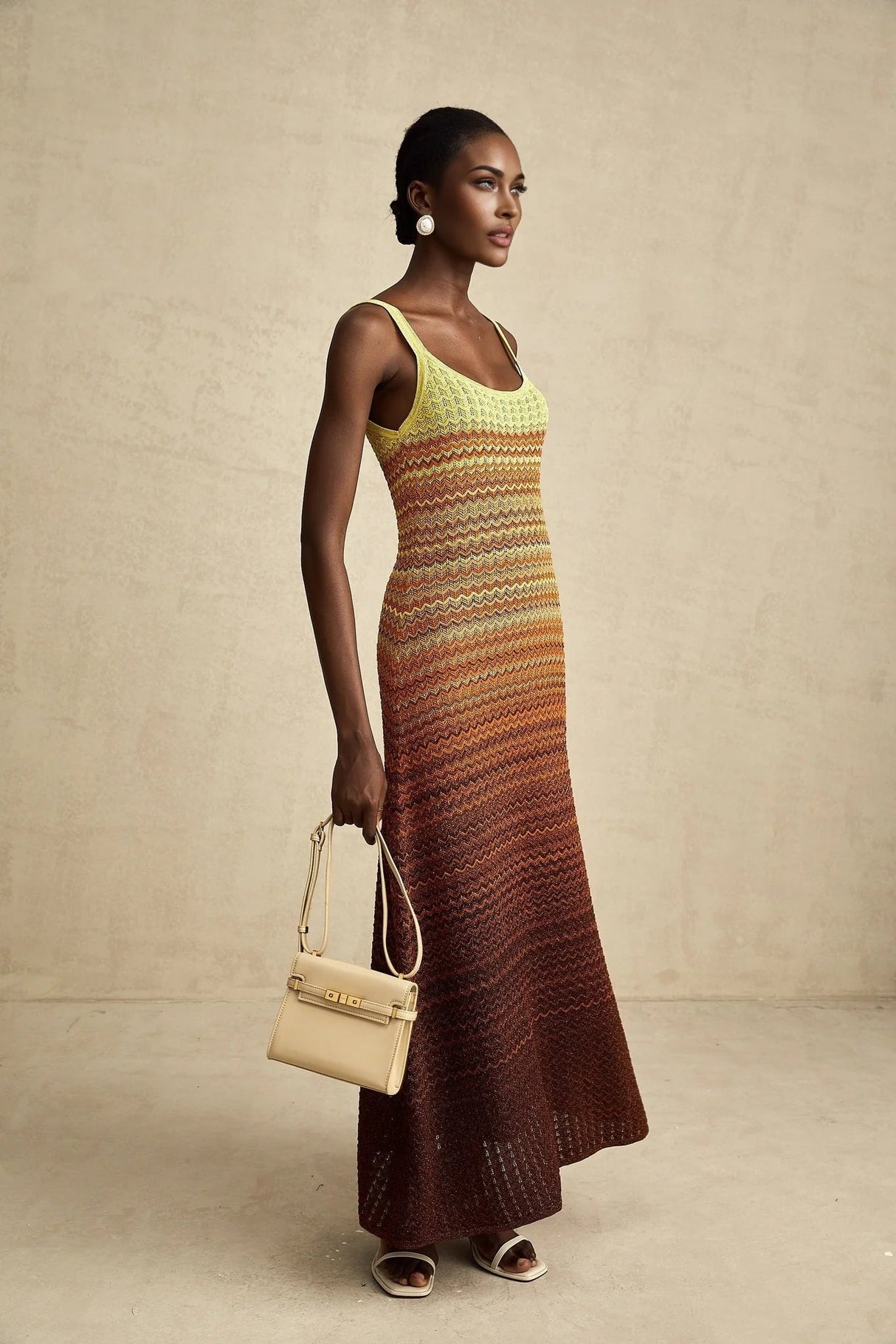 Haley Maxi Dress Brown & Multicolor Gradient Knit Hem