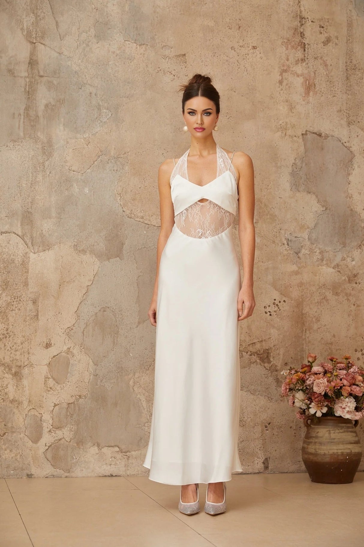 Haley Maxi Dress White Lace Panel Cut - Out & Satin Finish