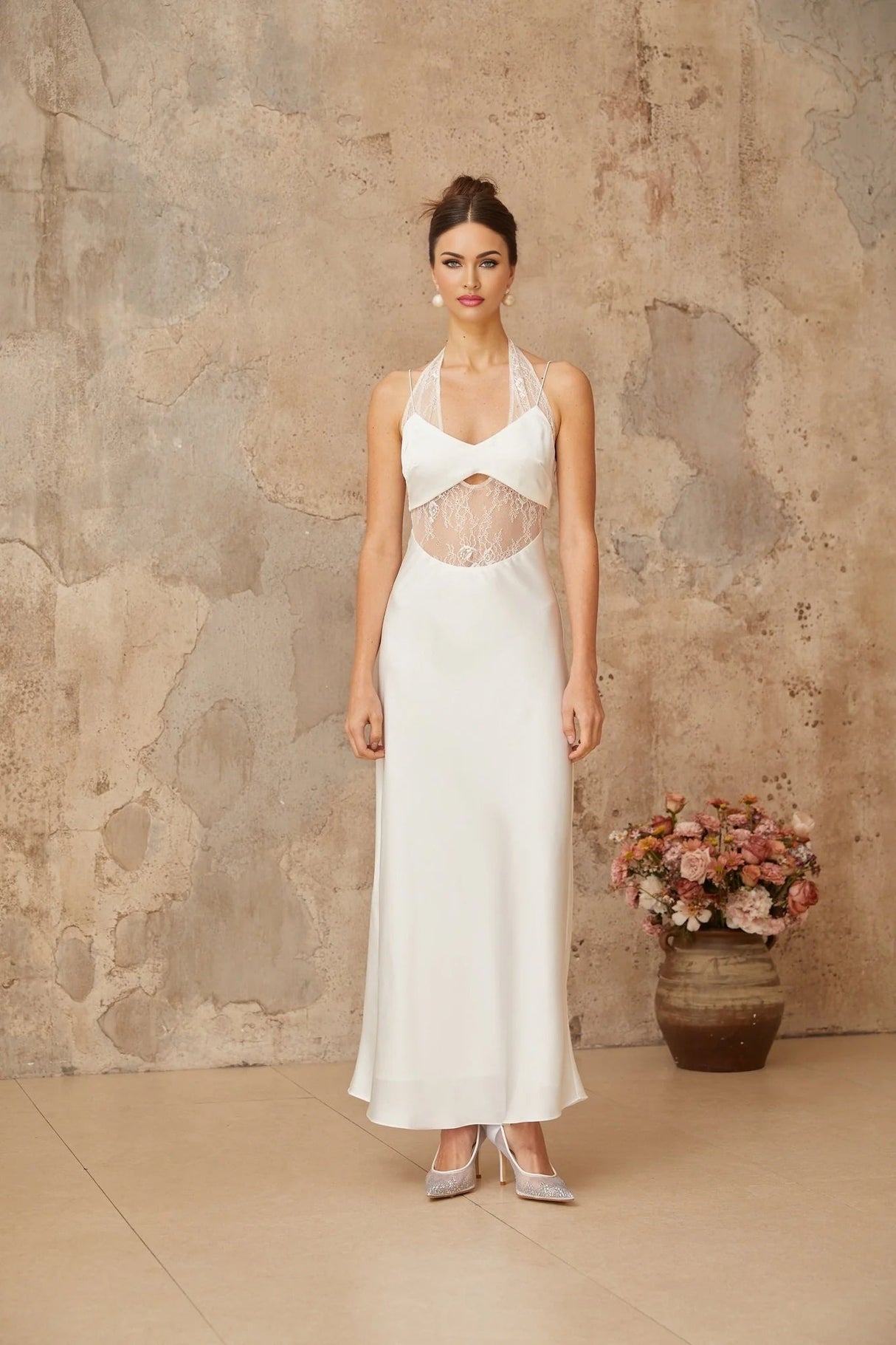 Haley Maxi Dress White Lace Panel Cut - Out & Satin Finish