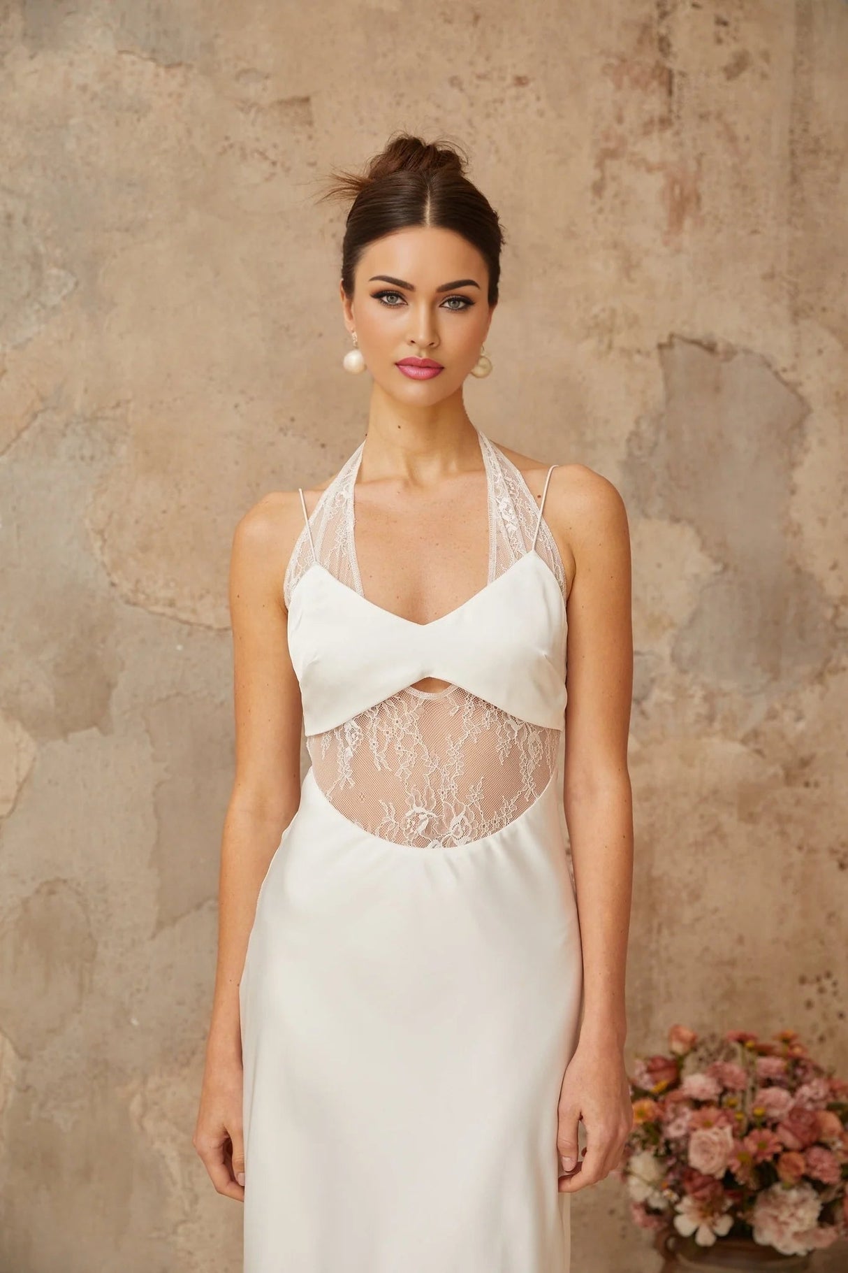 Haley Maxi Dress White Lace Panel Cut - Out & Satin Finish