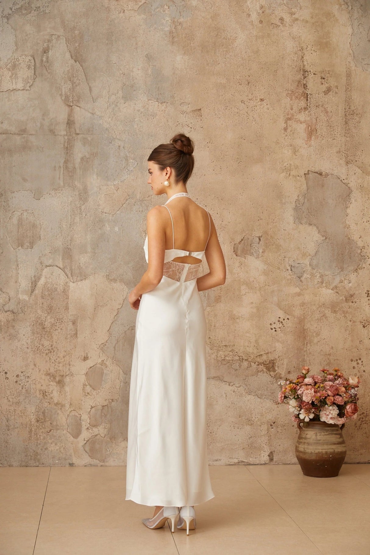 Haley Maxi Dress White Lace Panel Cut - Out & Satin Finish