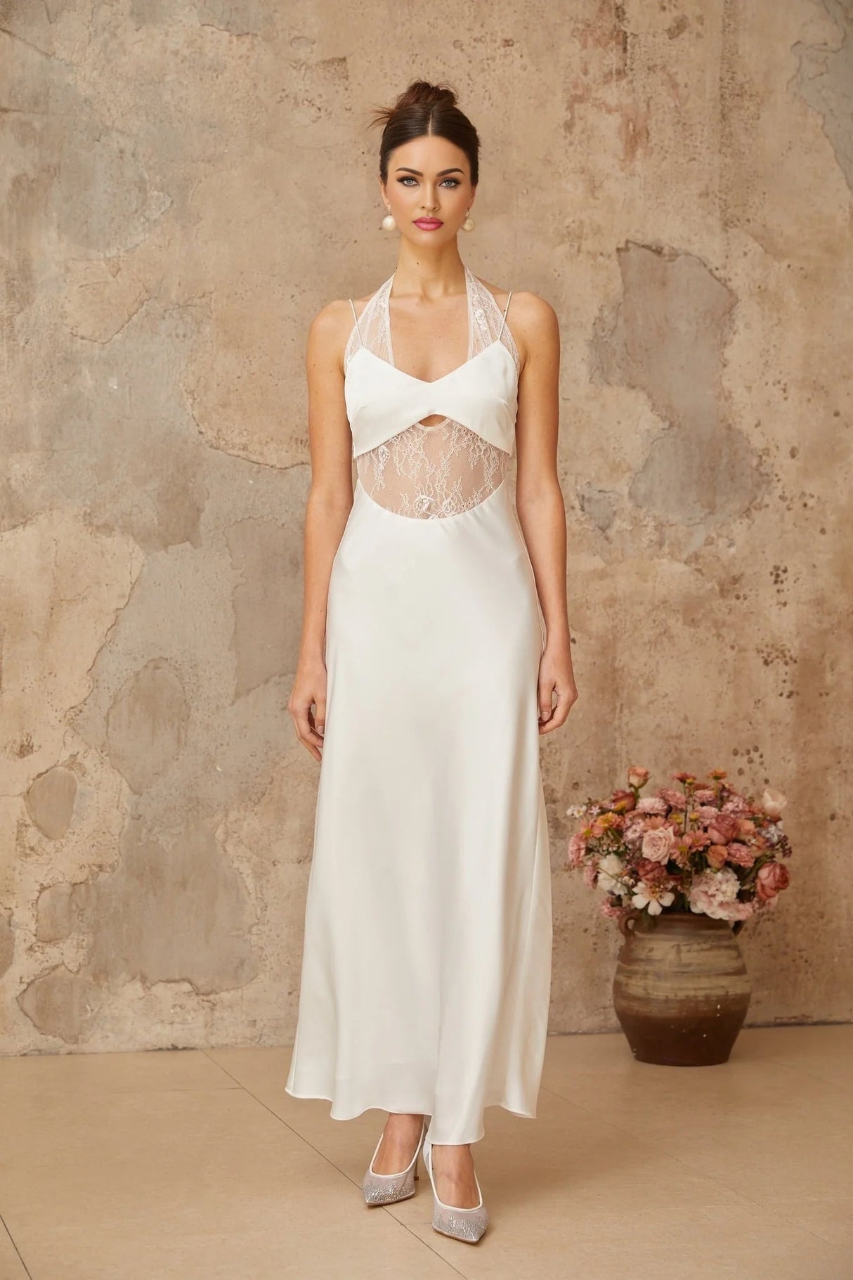 Haley Maxi Dress White Lace Panel Cut - Out & Satin Finish