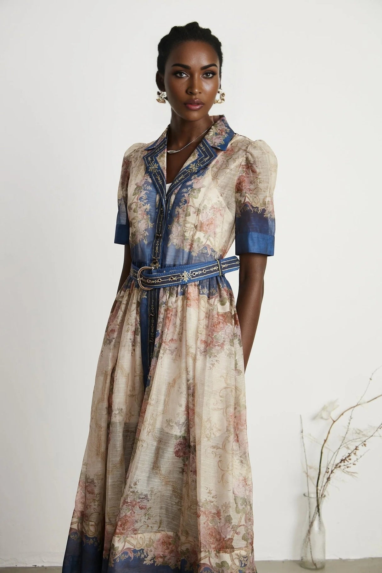 Haley Midi Dress Neutrals & Blue Pattern Long Sleeves Belt Button Fastening