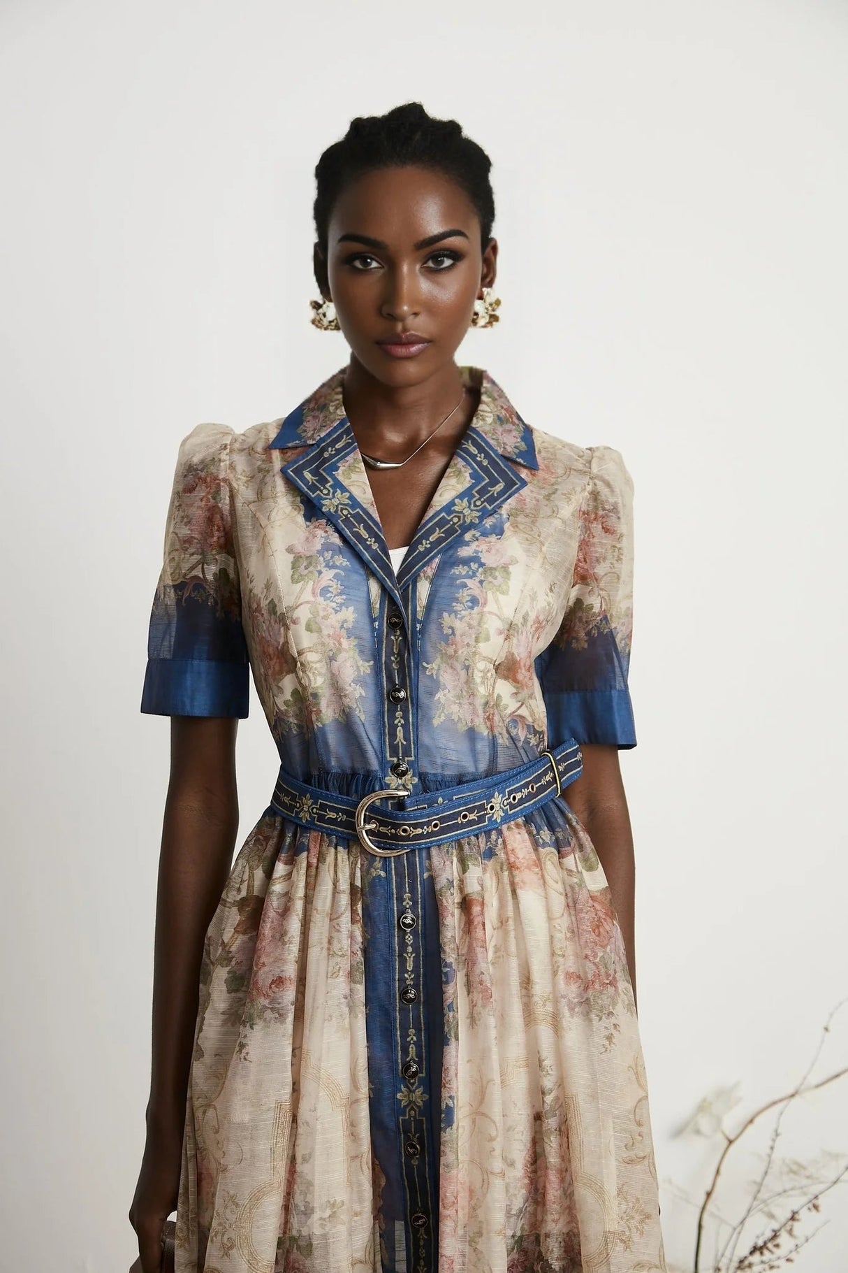 Haley Midi Dress Neutrals & Blue Pattern Long Sleeves Belt Button Fastening