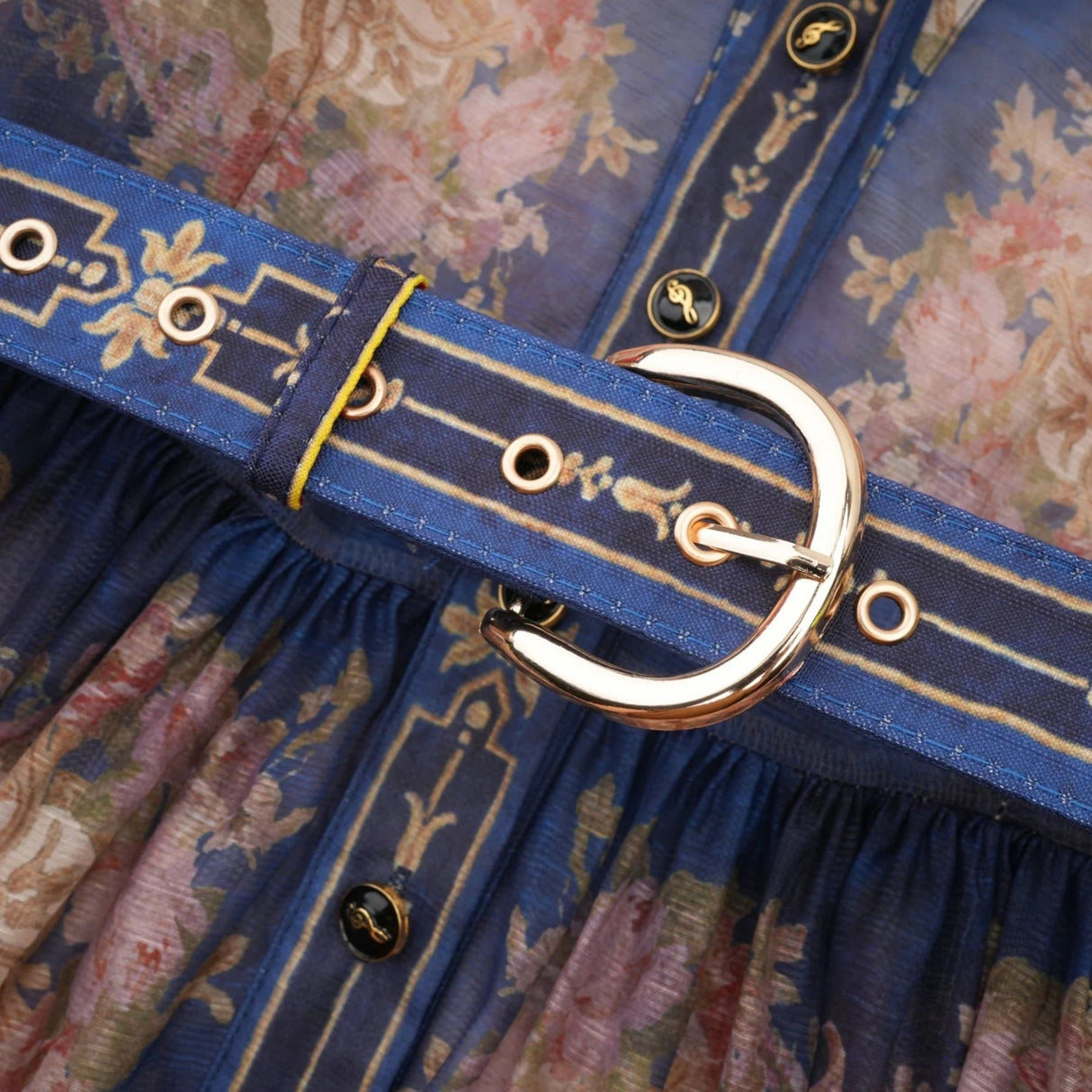 Haley Midi Dress Neutrals & Blue Pattern Long Sleeves Belt Button Fastening