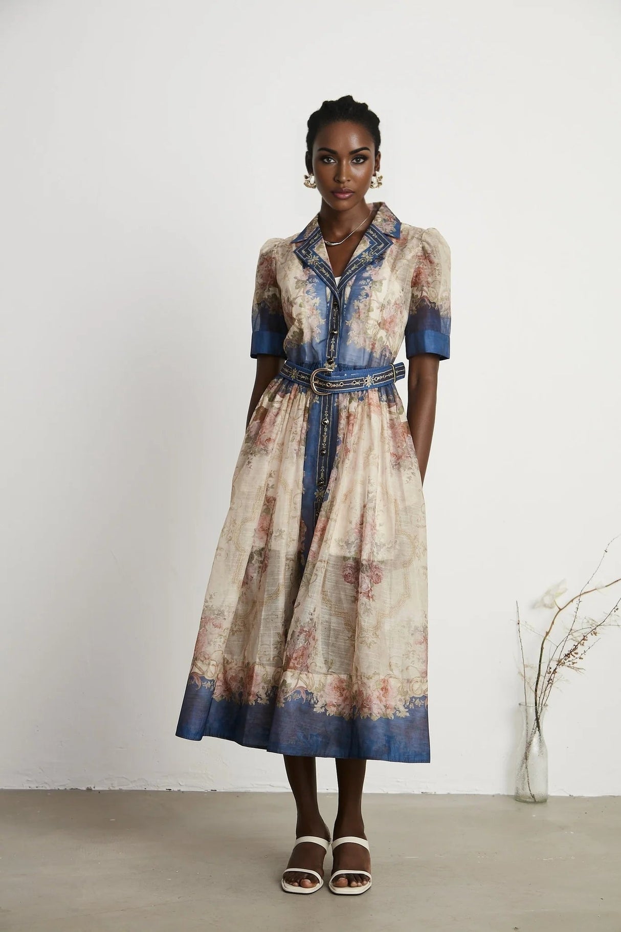 Haley Midi Dress Neutrals & Blue Pattern Long Sleeves Belt Button Fastening