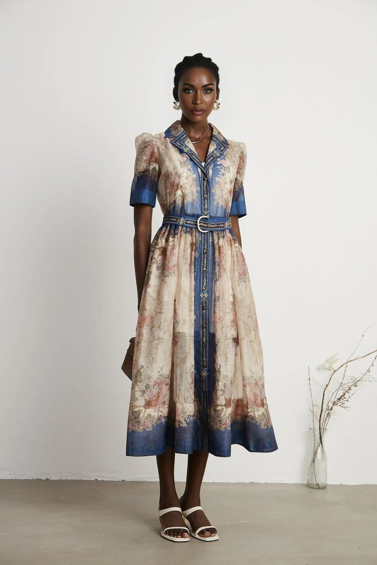 Haley Midi Dress Neutrals & Blue Pattern Long Sleeves Belt Button Fastening