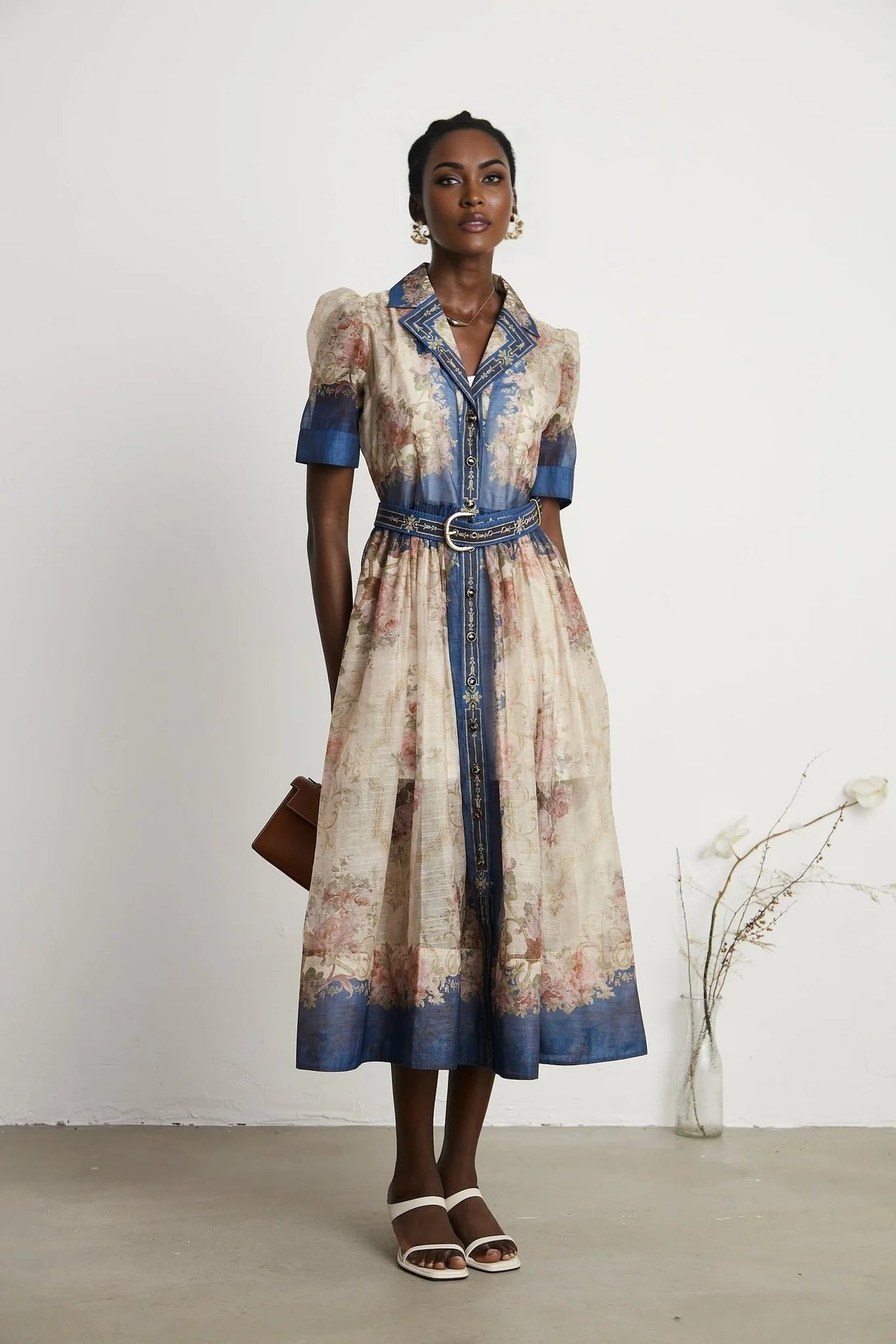 Haley Midi Dress Neutrals & Blue Pattern Long Sleeves Belt Button Fastening