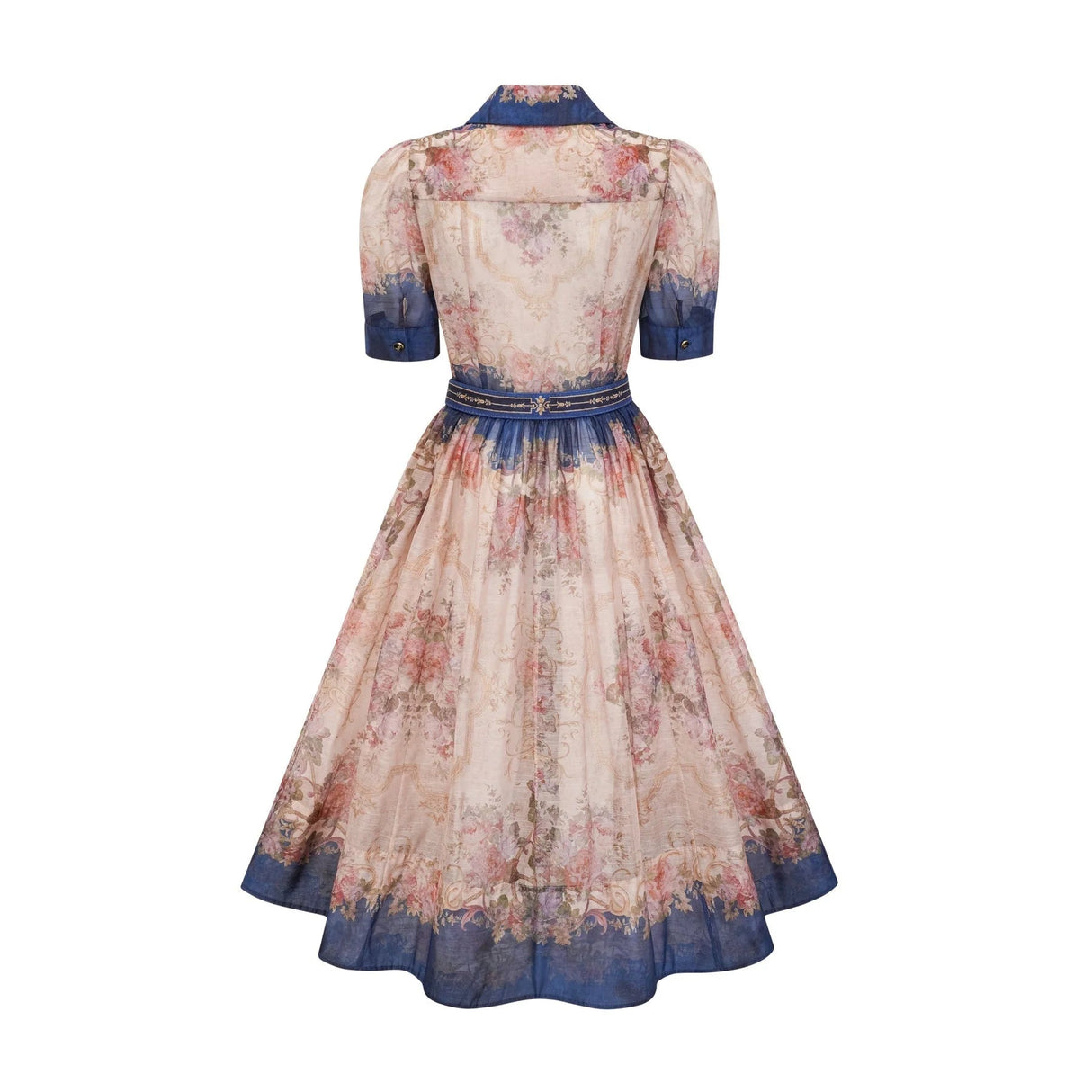 Haley Midi Dress Neutrals & Blue Pattern Long Sleeves Belt Button Fastening