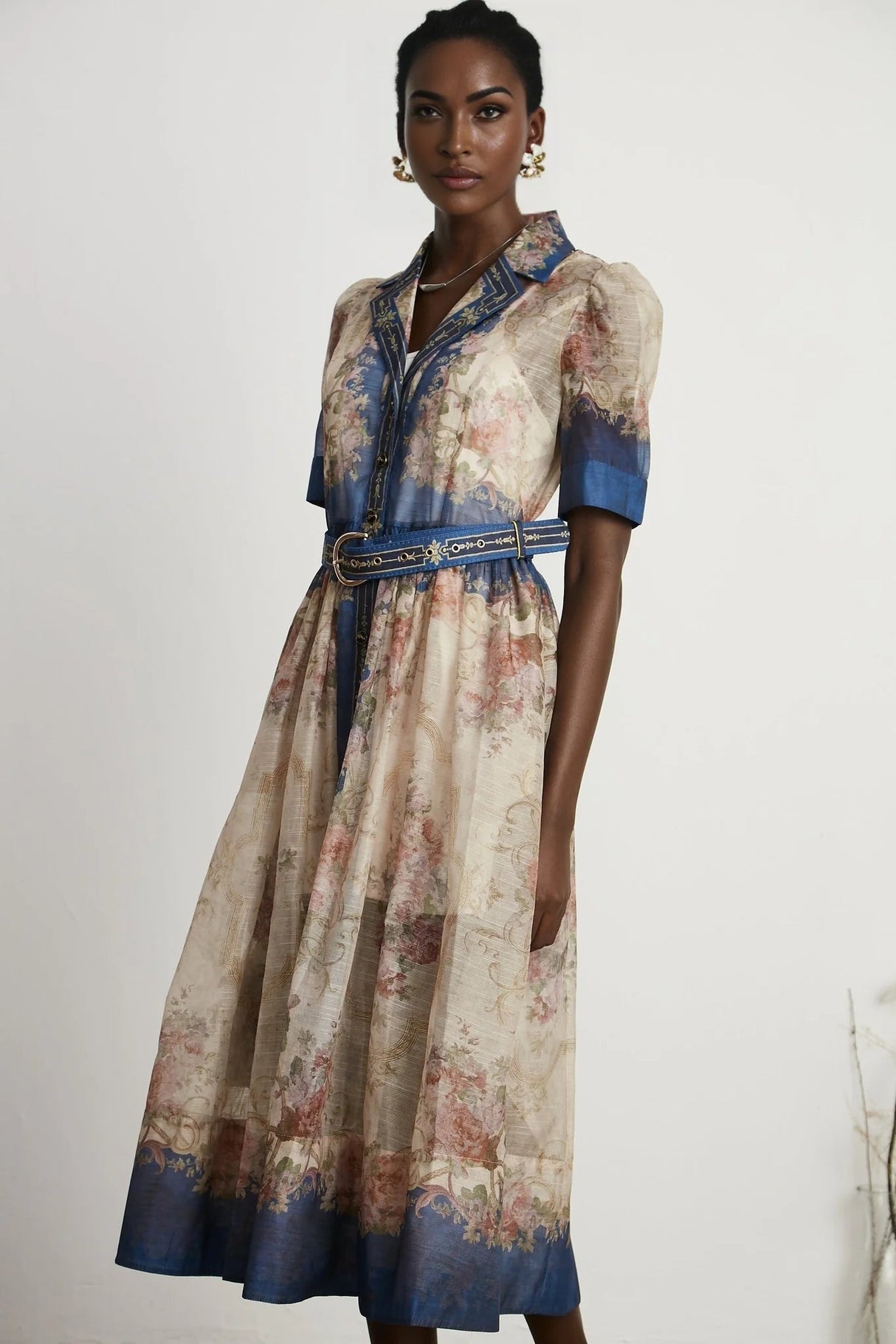 Haley Midi Dress Neutrals & Blue Pattern Long Sleeves Belt Button Fastening