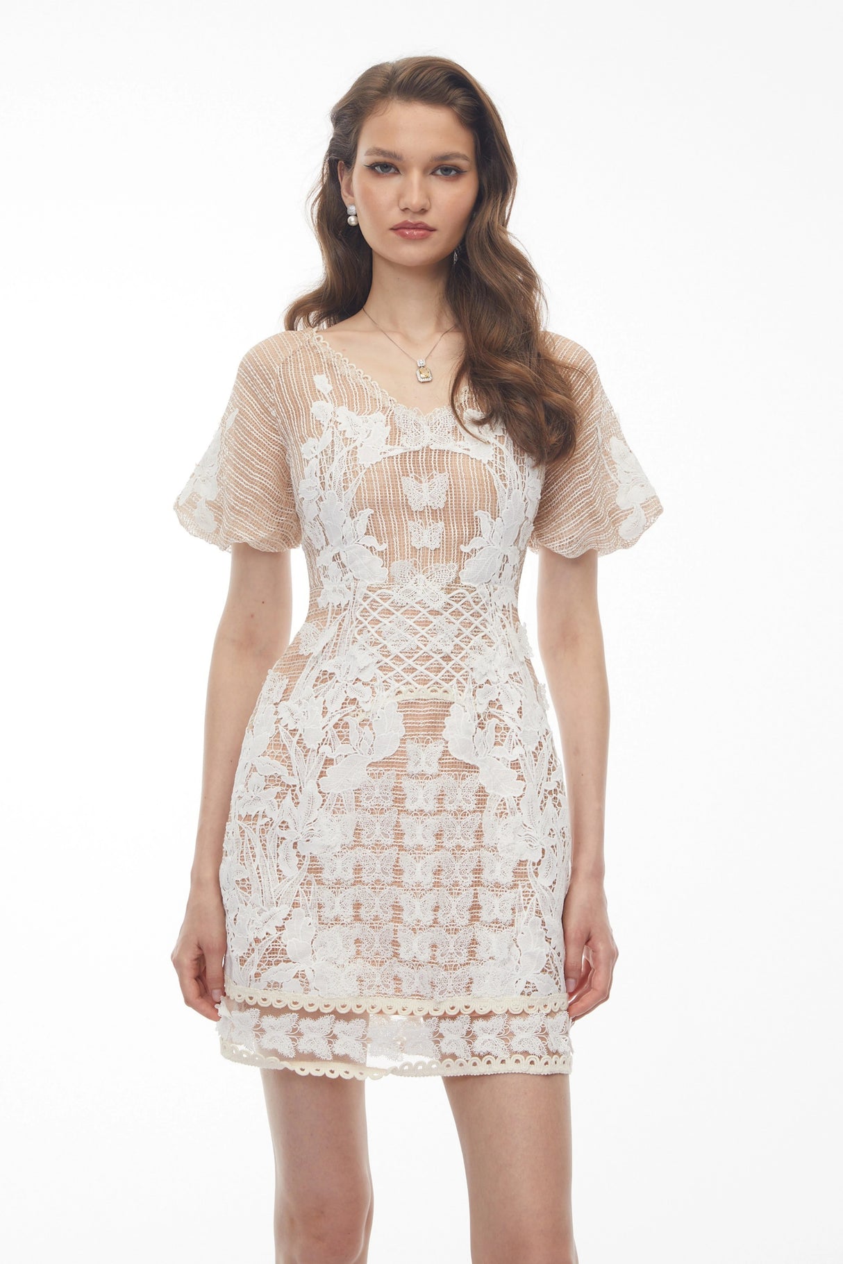 Halsey Neutral Lace Mini Dress with Butterfly Appliqué