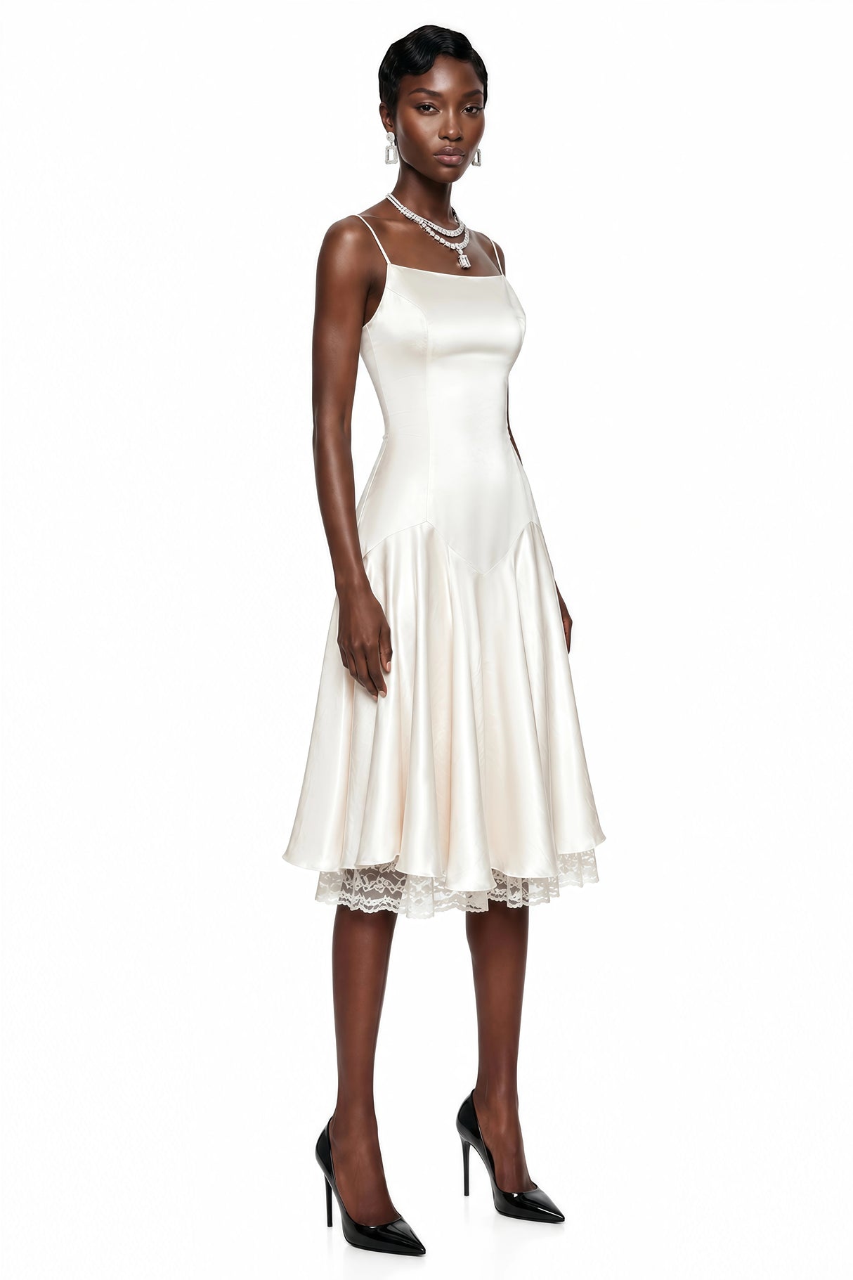 Hanife Champagne Satin Midi Dress with Lace Panels