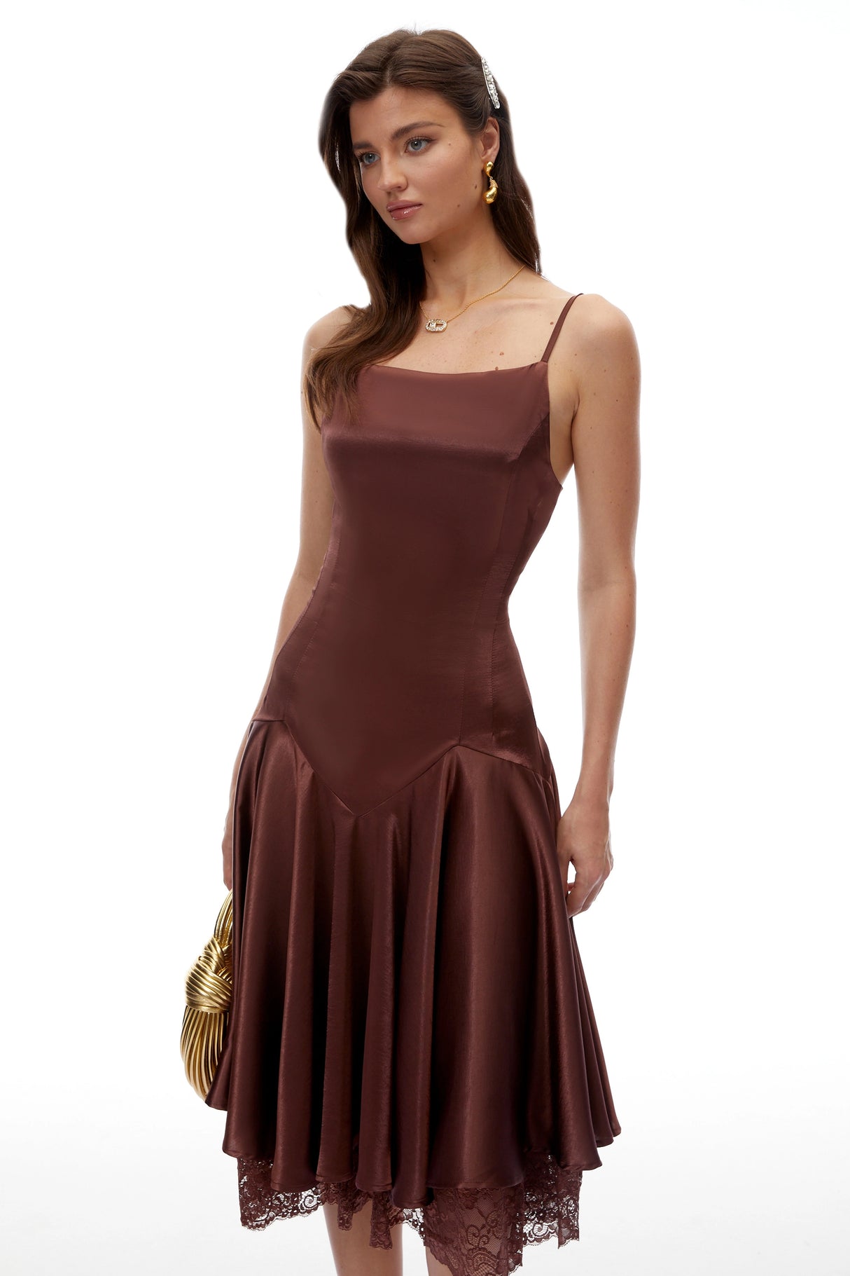 Hanife Chocolate Brown Satin Midi Dress with Lace Panels