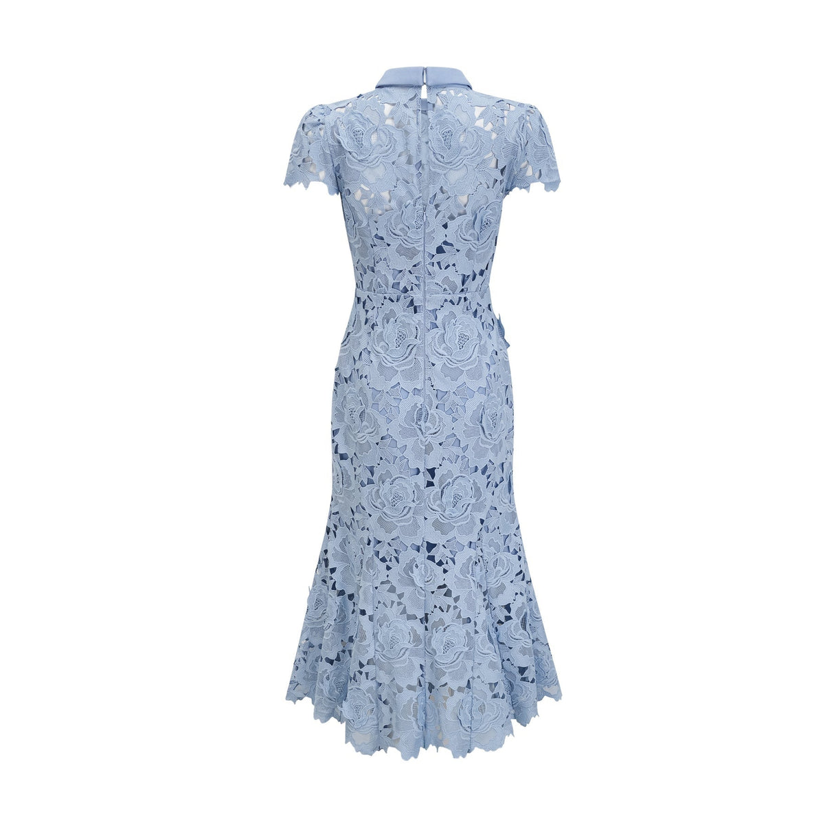 Hanna Midi Dress - Guipure Lace - Floral Appliqué - Scallop Trim - Flared Hem - Short Sleeves
