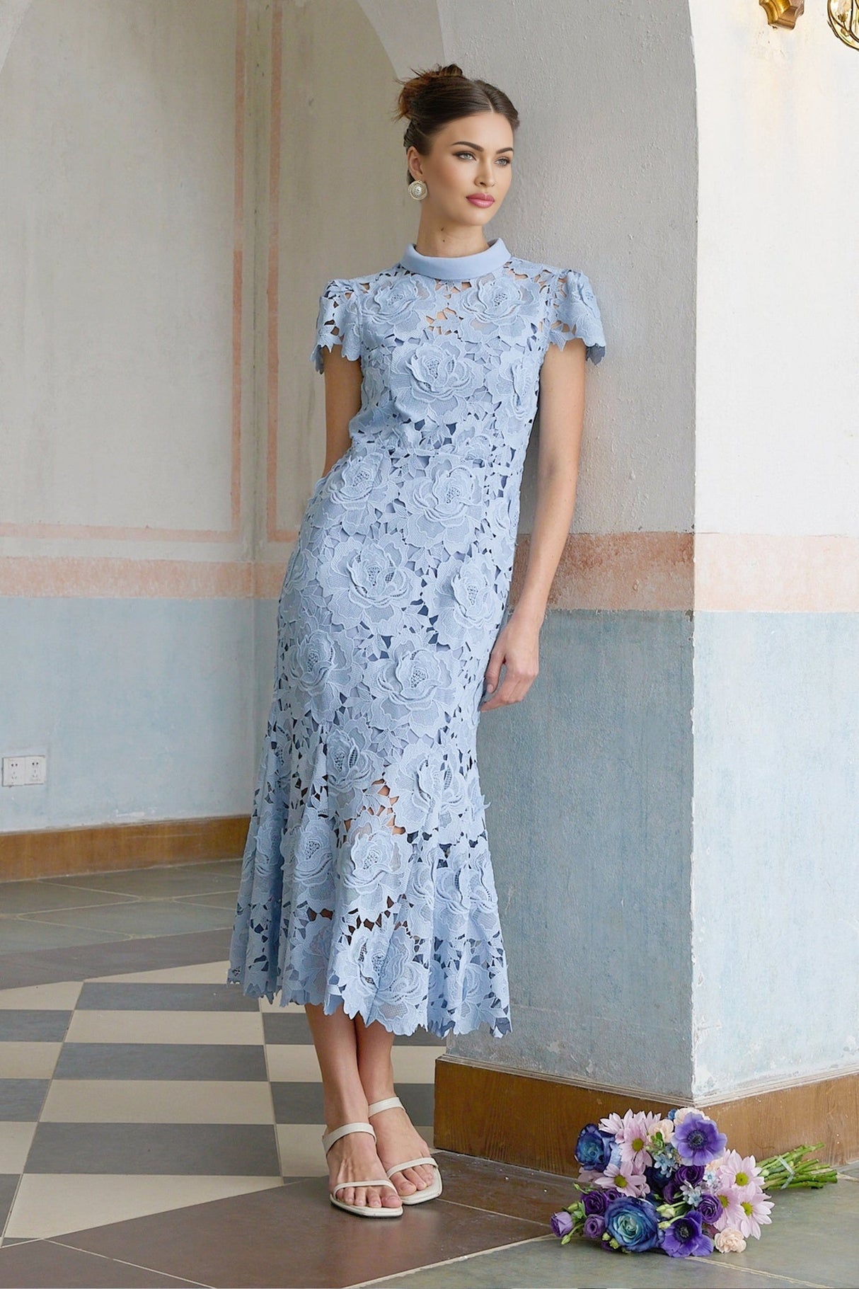 Hanna Midi Dress - Guipure Lace - Floral Appliqué - Scallop Trim - Flared Hem - Short Sleeves